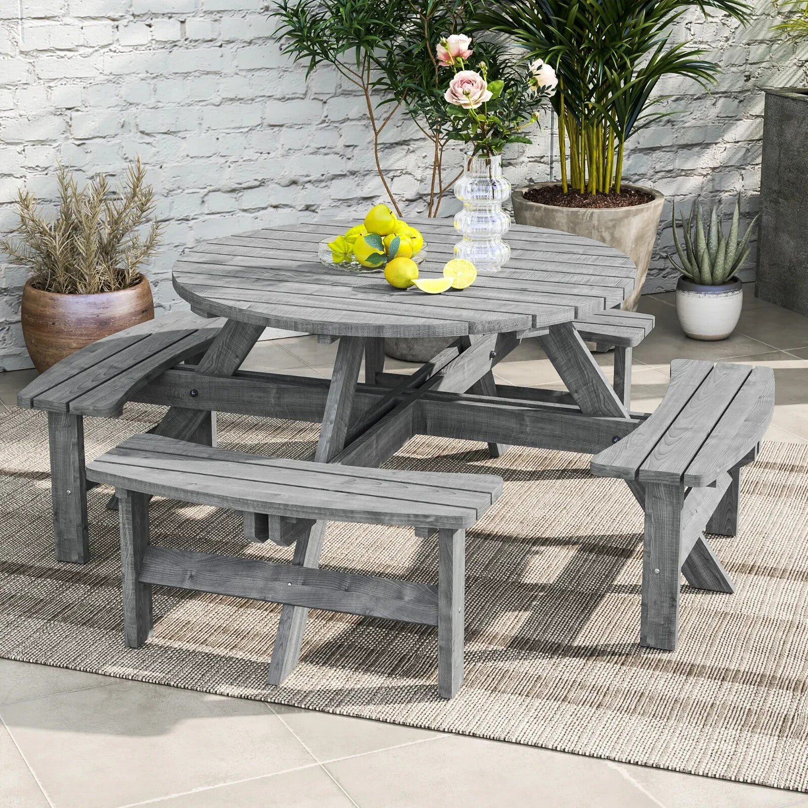 Outdoor Wooden Picnic Table with Bench 8 Seater Parasol Hole Grey Patio Round - Home and Garden Furniture Shop - rustic - furniture