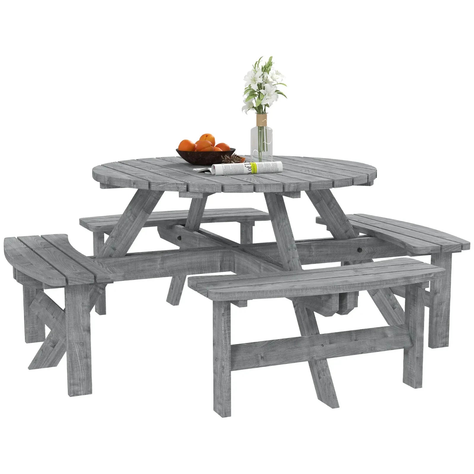 Outdoor Wooden Picnic Table with Bench 8 Seater Parasol Hole Grey Patio Round - Home and Garden Furniture Shop - rustic - furniture