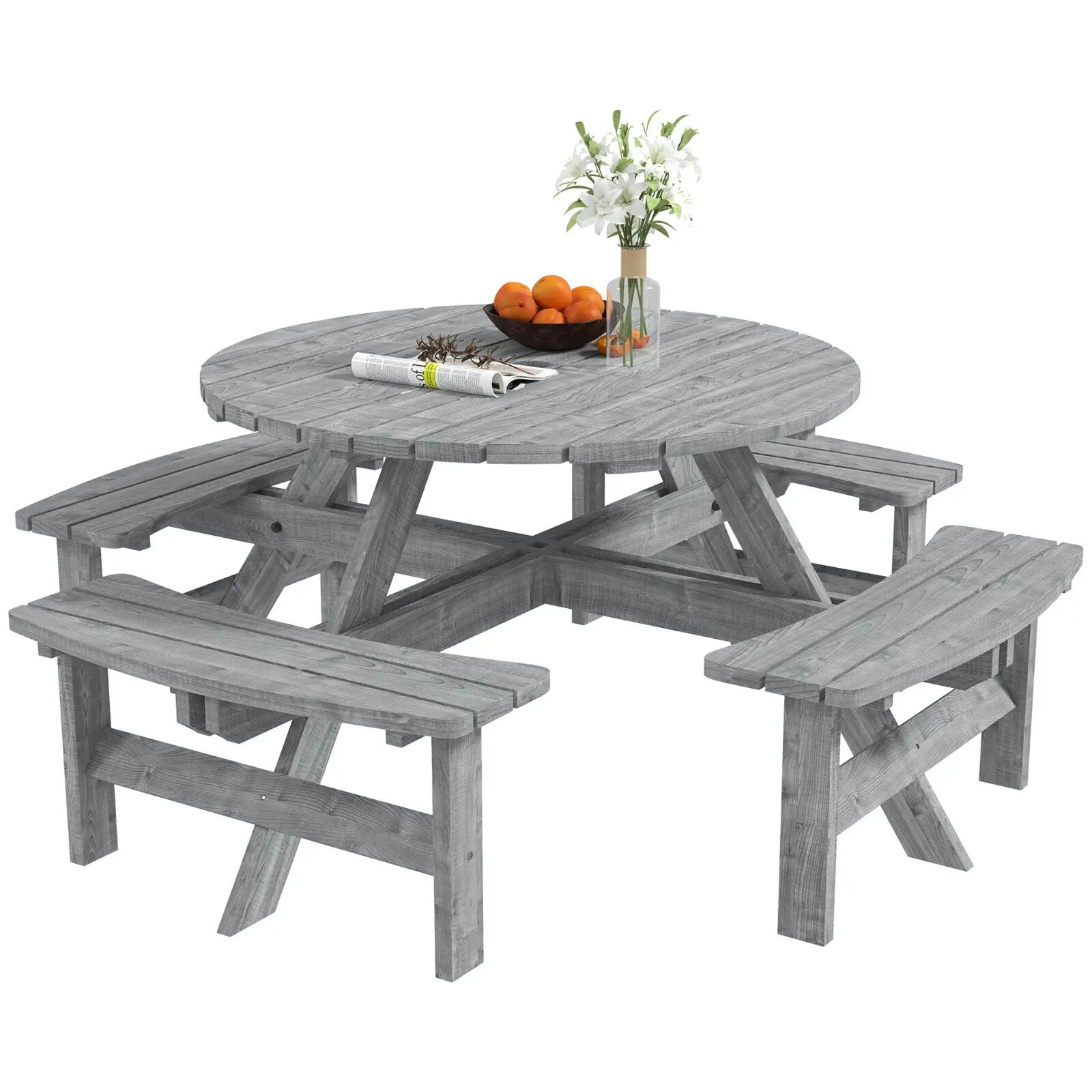 Outdoor Wooden Picnic Table with Bench 8 Seater Parasol Hole Grey Patio Round - Home and Garden Furniture Shop - rustic - furniture