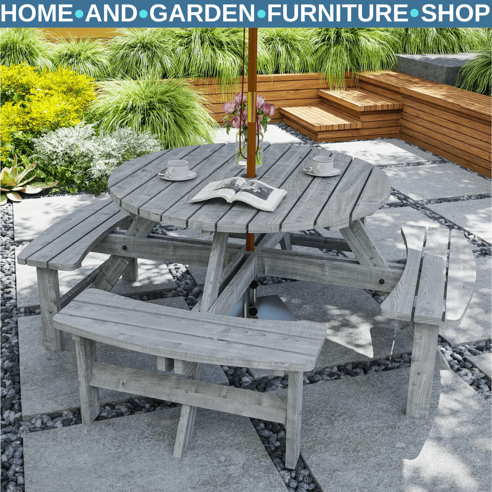 Outdoor Wooden Picnic Table with Bench 8 Seater Parasol Hole Grey Patio Round - Home and Garden Furniture Shop - rustic - furniture