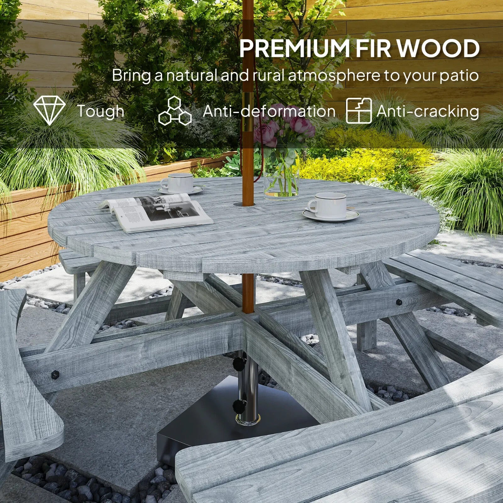 Outdoor Wooden Picnic Table with Bench 8 Seater Parasol Hole Grey Patio Round - Home and Garden Furniture Shop - rustic - furniture