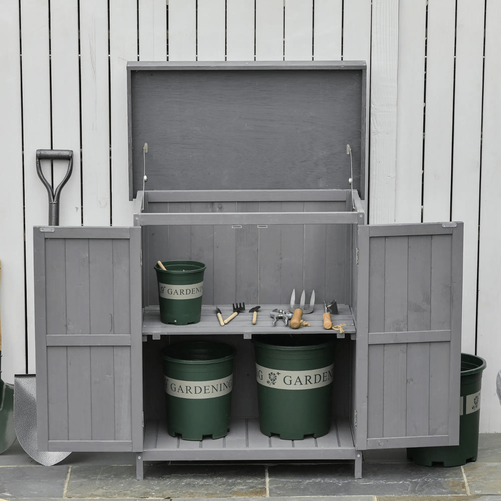 Outdoor Wooden Storage Shed Garden Tool Box Hinged Roof Doors Grey for Gardening - Home and Garden Furniture Shop - rustic - furniture