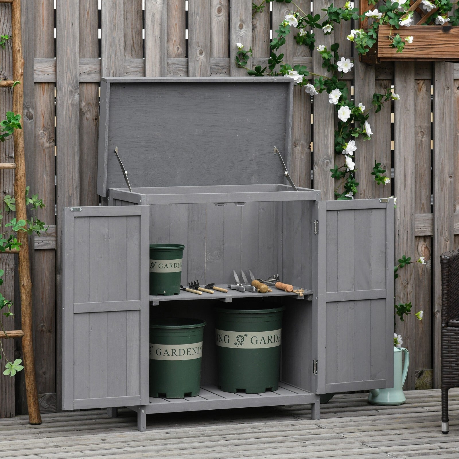 Outdoor Wooden Storage Shed Garden Tool Box Hinged Roof Doors Grey for Gardening - Home and Garden Furniture Shop - rustic - furniture