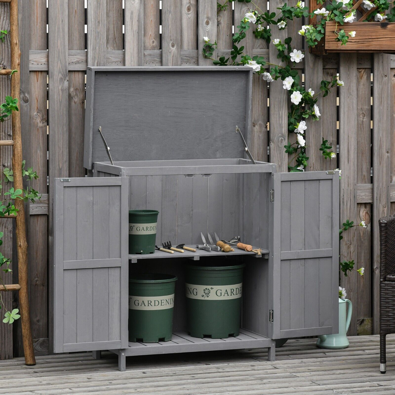 Outdoor Wooden Storage Shed Garden Tool Box Hinged Roof Doors Grey for Gardening - Home and Garden Furniture Shop - #rustic - furniture#