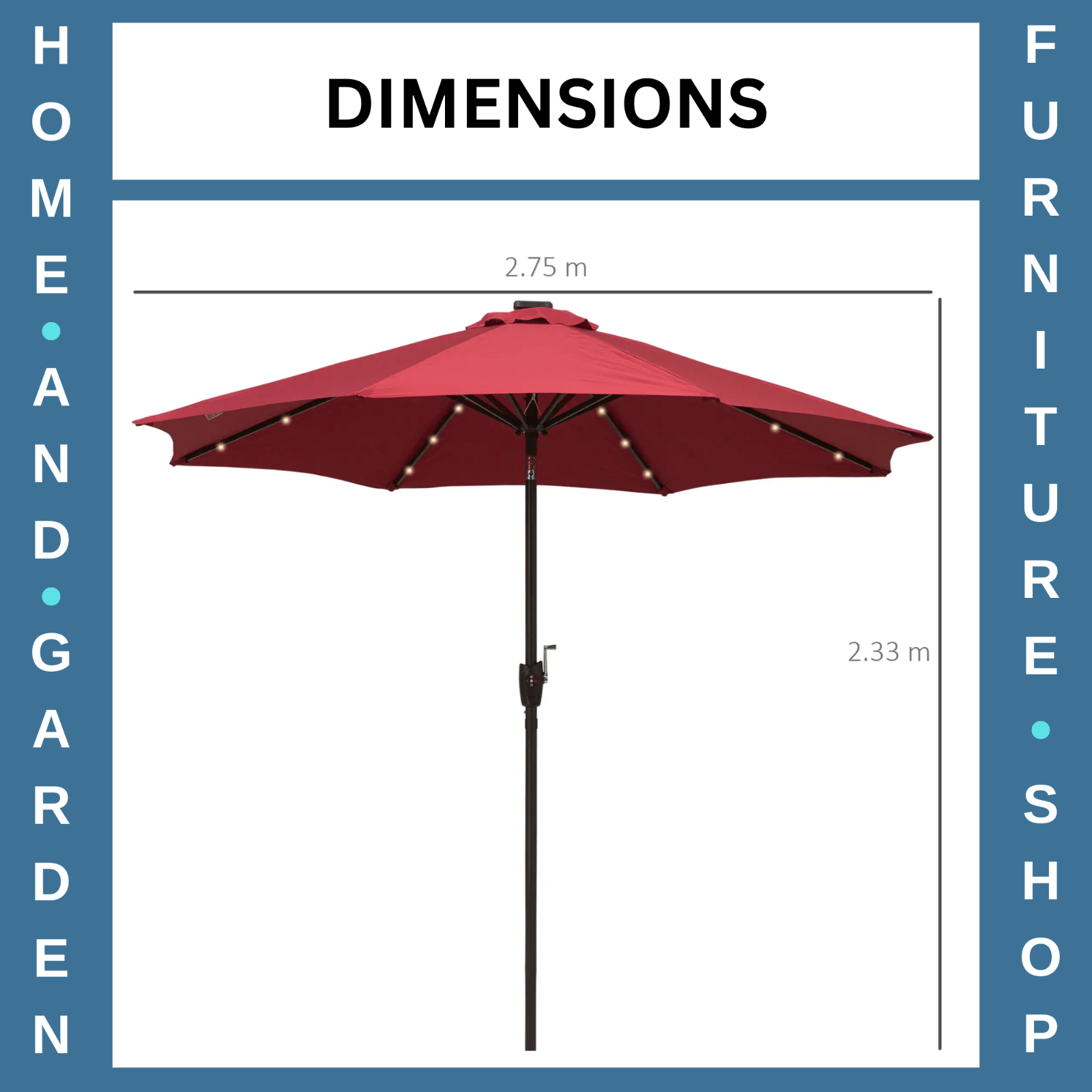 Parasol Umbrella Shade Metal Frame w/ 24 Solar LED Lights & Hand Crank Wine Red - Home and Garden Furniture Shop - #rustic - furniture#