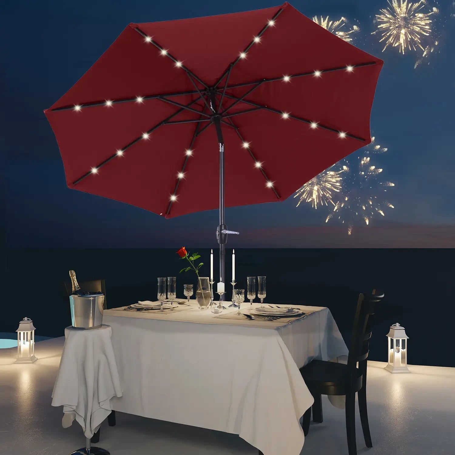 Parasol Umbrella Shade Metal Frame w/ 24 Solar LED Lights & Hand Crank Wine Red - Home and Garden Furniture Shop - rustic - furniture