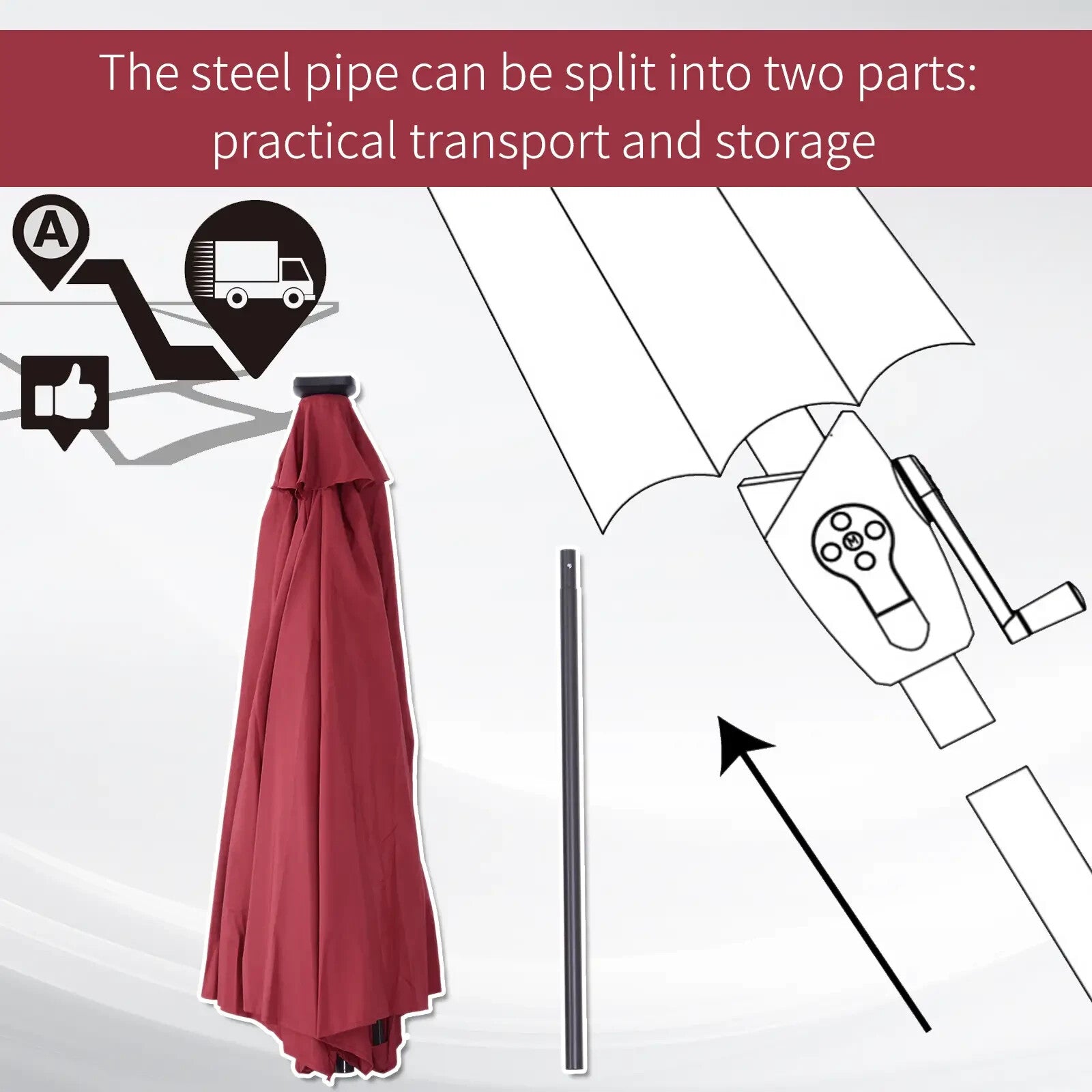 Parasol Umbrella Shade Metal Frame w/ 24 Solar LED Lights & Hand Crank Wine Red - Home and Garden Furniture Shop - rustic - furniture