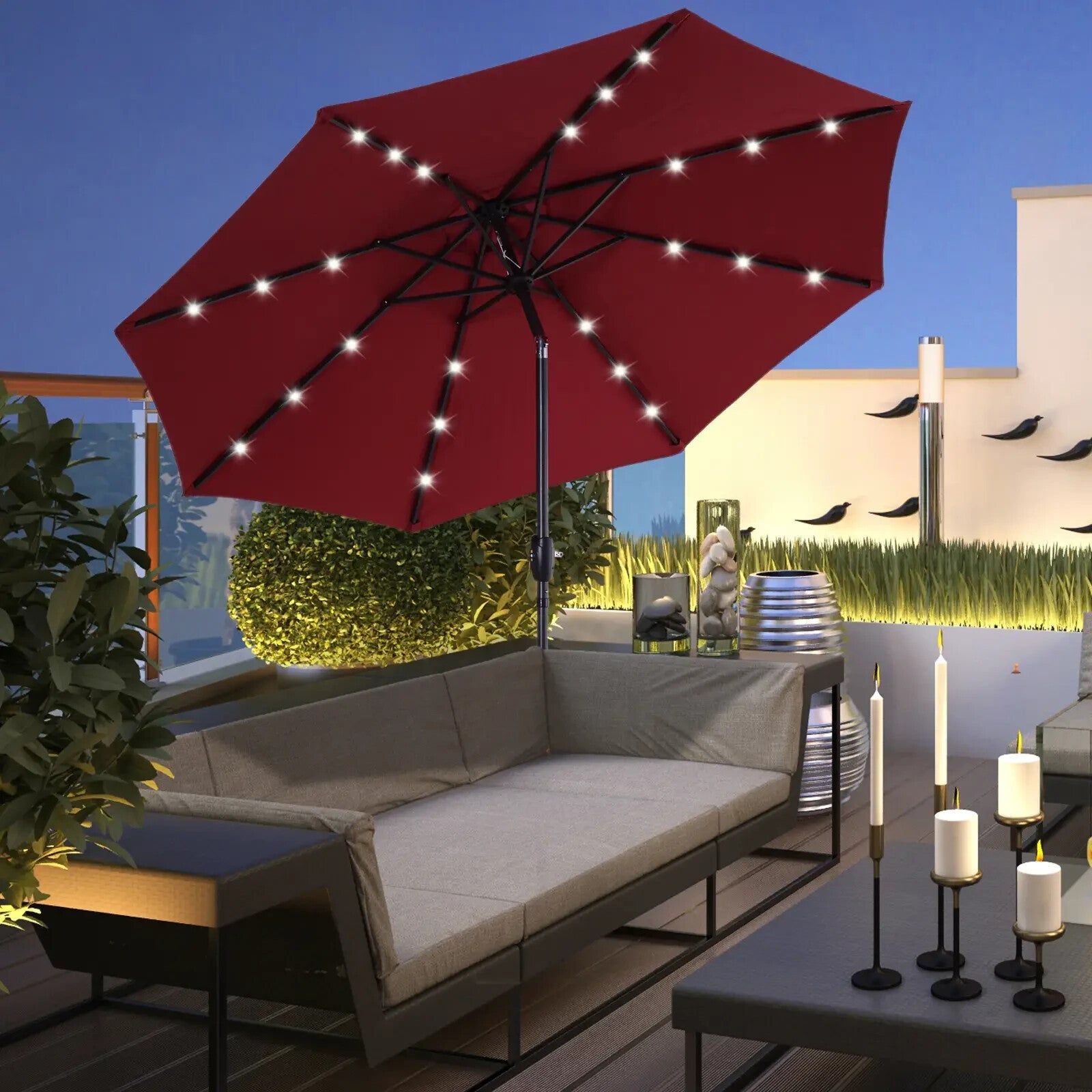 Parasol Umbrella Shade Metal Frame w/ 24 Solar LED Lights & Hand Crank Wine Red - Home and Garden Furniture Shop - rustic - furniture