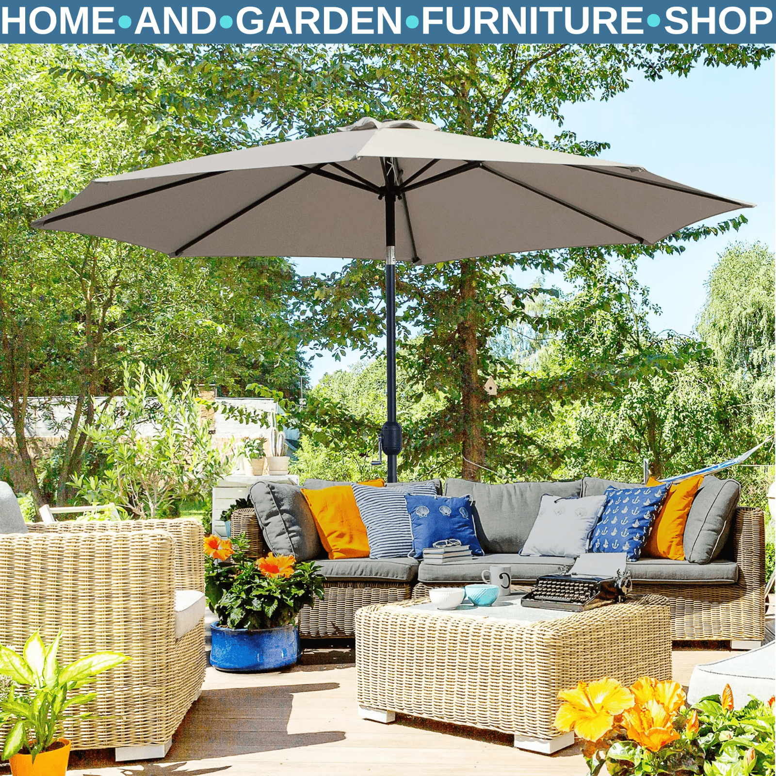 Parasol Umbrella Steel Frame Sun Shade Canopy w/ Tilt & Crank Handle Light Grey - Home and Garden Furniture Shop - #rustic - furniture#