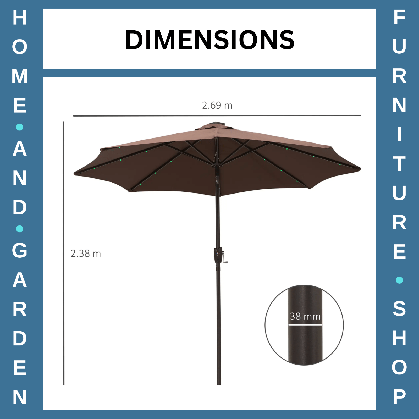 Parasol Umbrella Sun Shade Metal Frame w/ 24 Solar LED Lights & Hand Crank Brown - Home and Garden Furniture Shop - #rustic - furniture#