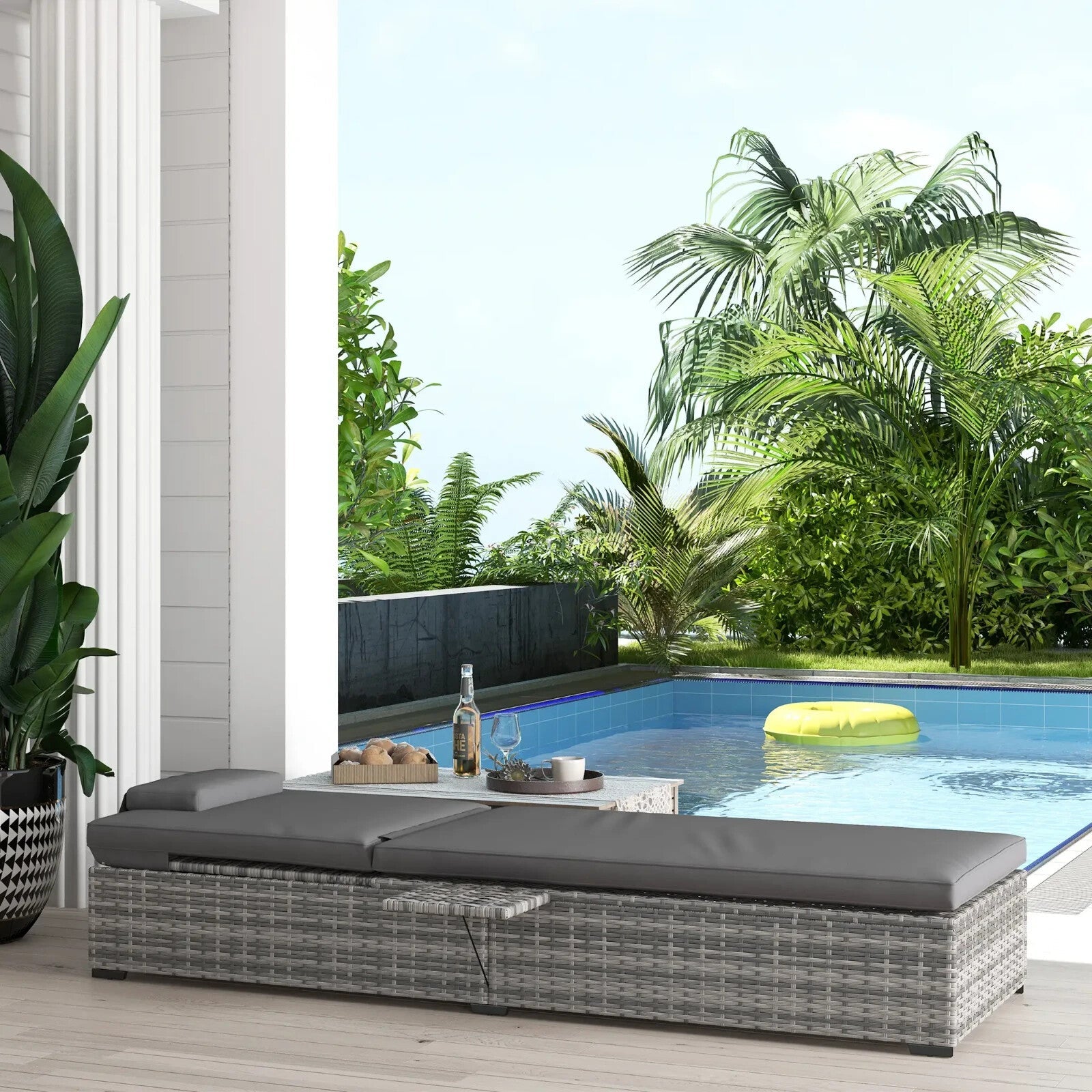 PE Rattan Reclining Sun Lounger with Cushion and Tea Tray for Outdoor Patio Use - Home and Garden Furniture Shop - rustic - furniture