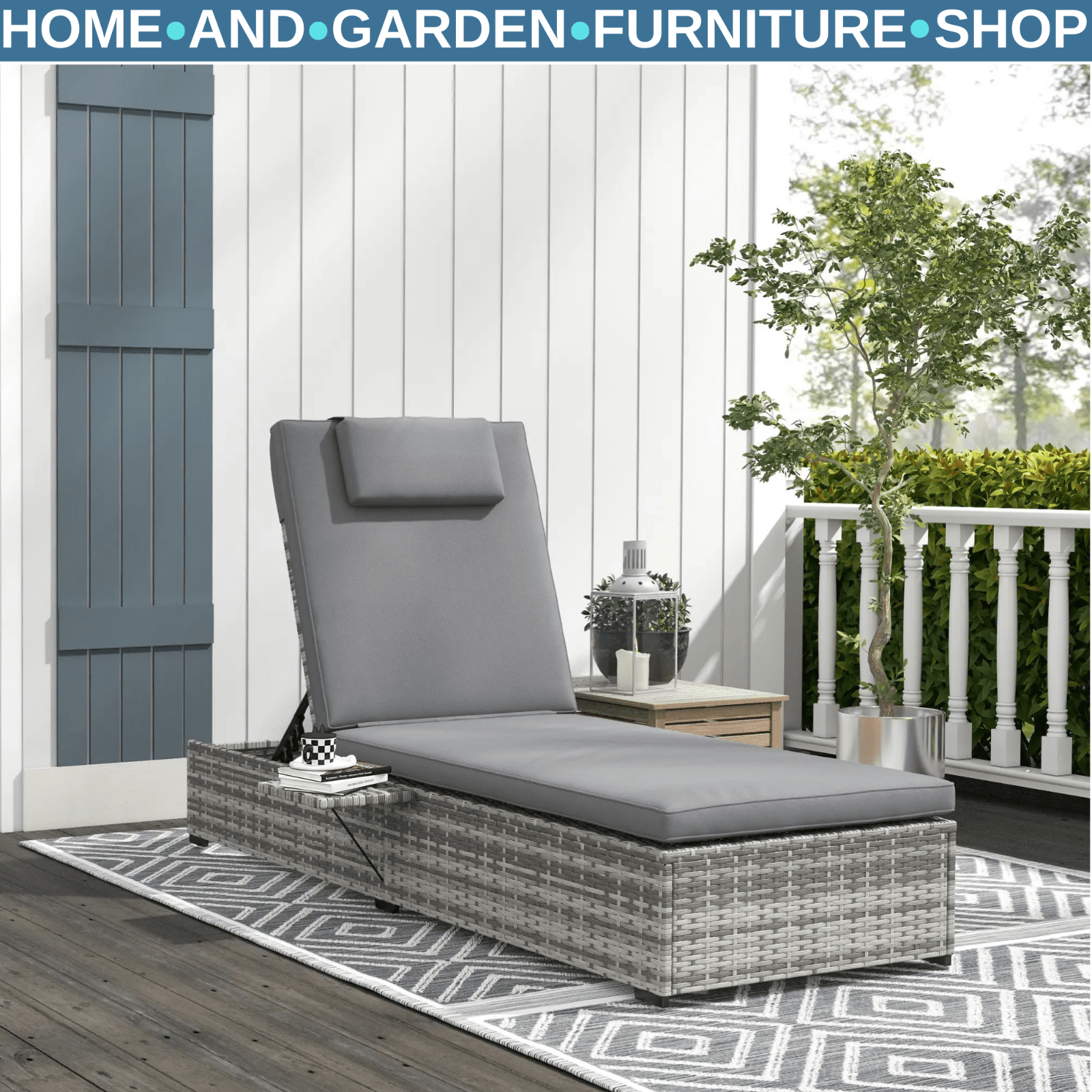 PE Rattan Reclining Sun Lounger with Cushion and Tea Tray for Outdoor Patio Use - Home and Garden Furniture Shop - rustic - furniture