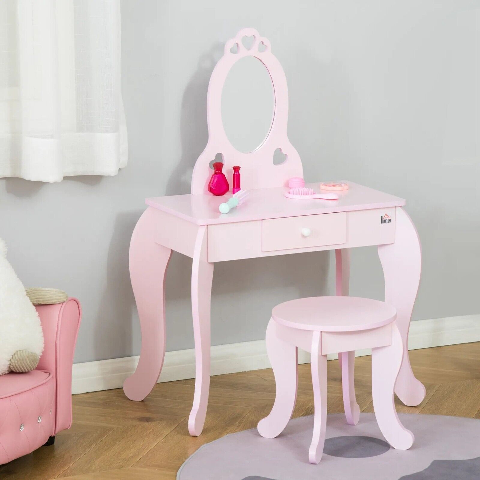 Pink Kids Vanity Table & Stool Set Girls Dresser Dressing Make Up Desk Mirror - Home and Garden Furniture Shop - #rustic - furniture#