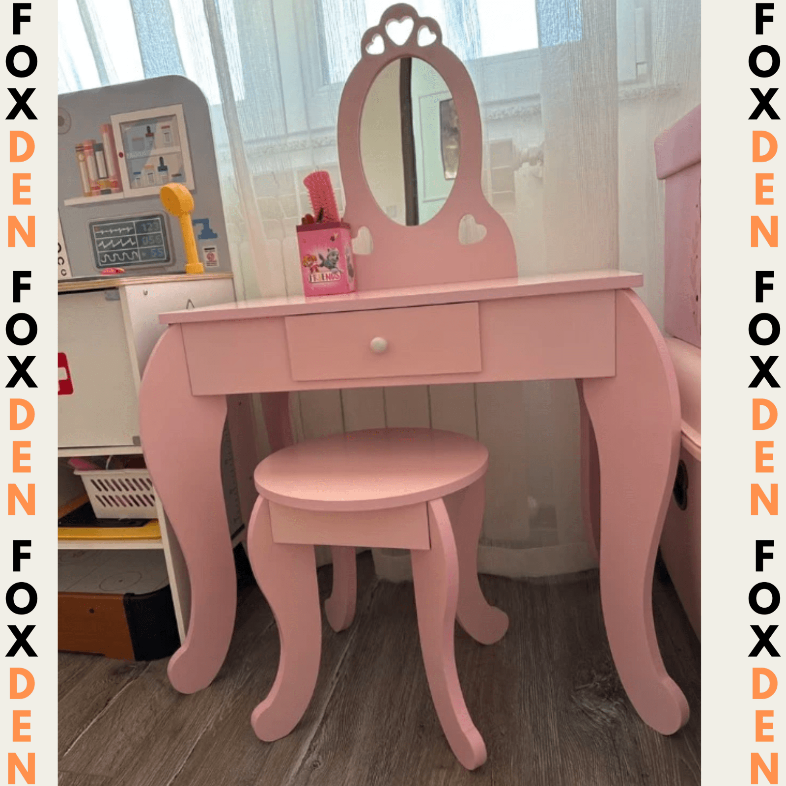 Pink Kids Vanity Table & Stool Set Girls Dresser Dressing Make Up Desk Mirror - Home and Garden Furniture Shop - #rustic - furniture#