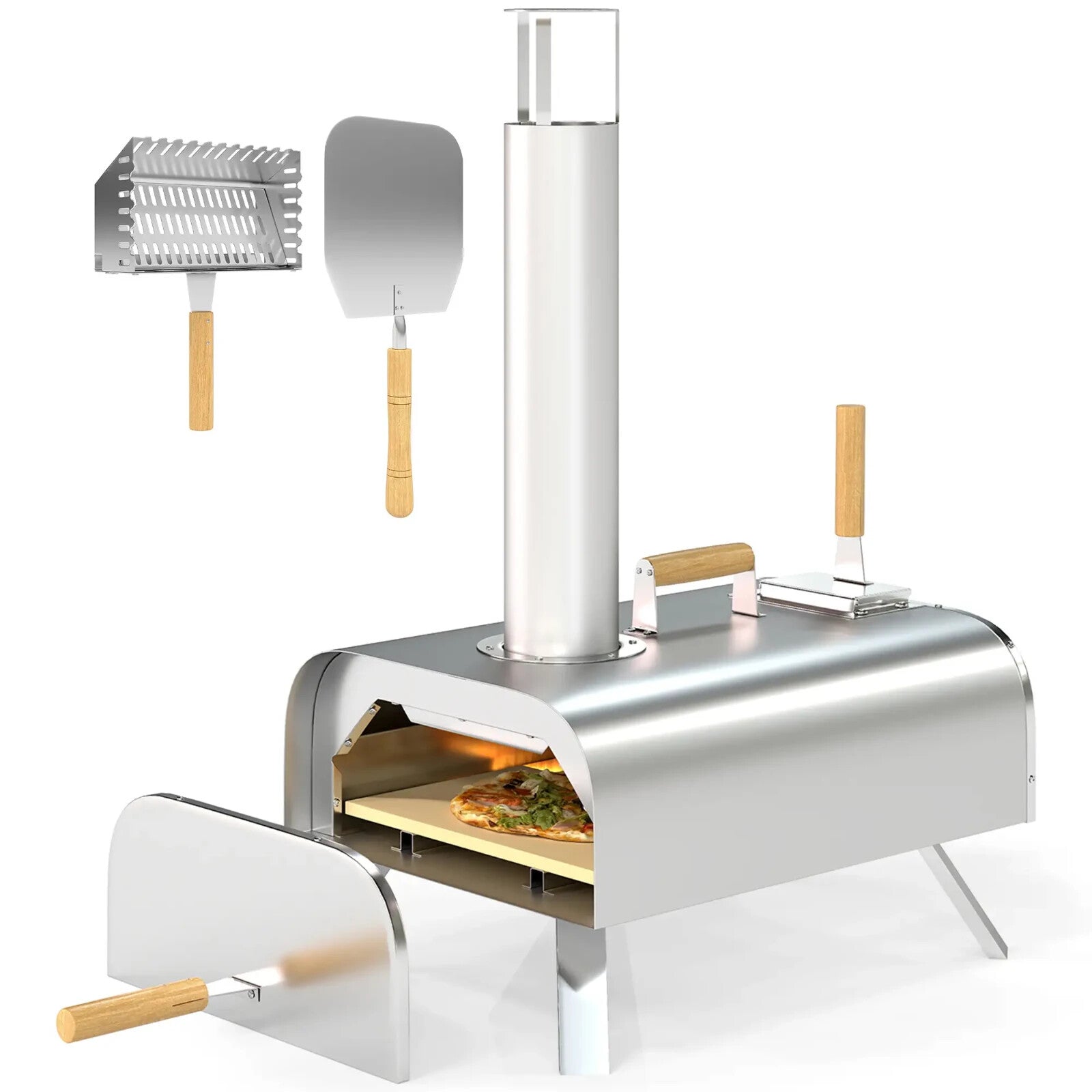 Pizza Oven Portable Stainless Steel with Pizza Stone & Foldable Legs Silver - Home and Garden Furniture Shop - rustic - furniture