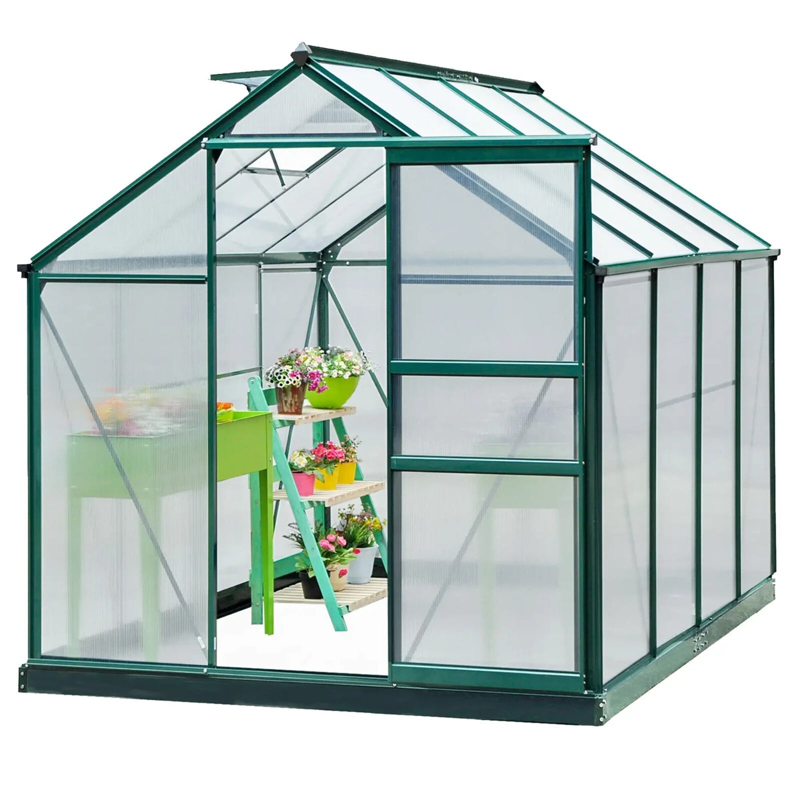 Polycarbonate Greenhouse Aluminium Frame w/ Foundation & Slide Door Dark Green - Home and Garden Furniture Shop - rustic - furniture