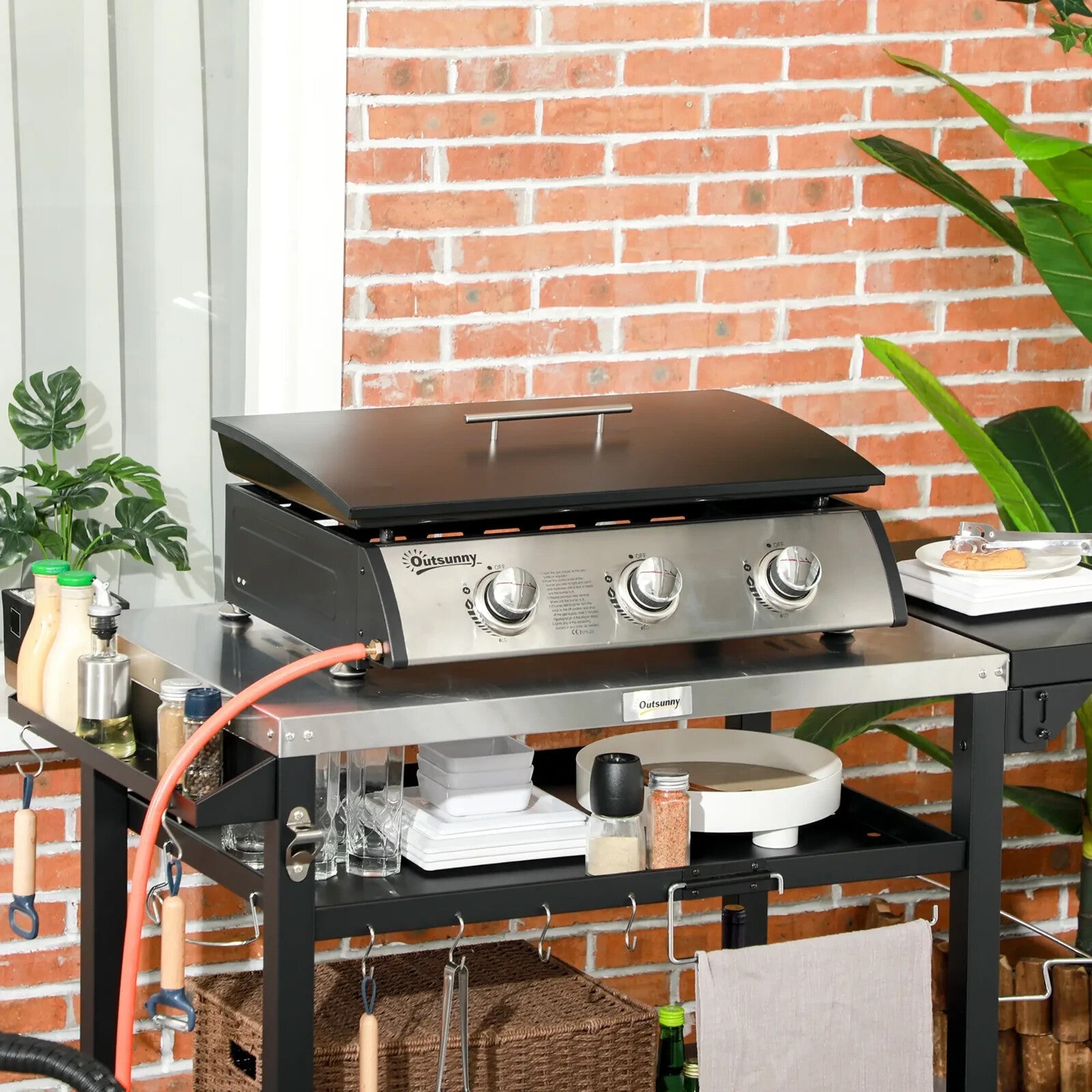 Portable 10000 BTU 3 Burner Gas Plancha BBQ Grill with Lid, Non - Stick Griddle - Home and Garden Furniture Shop - rustic - furniture