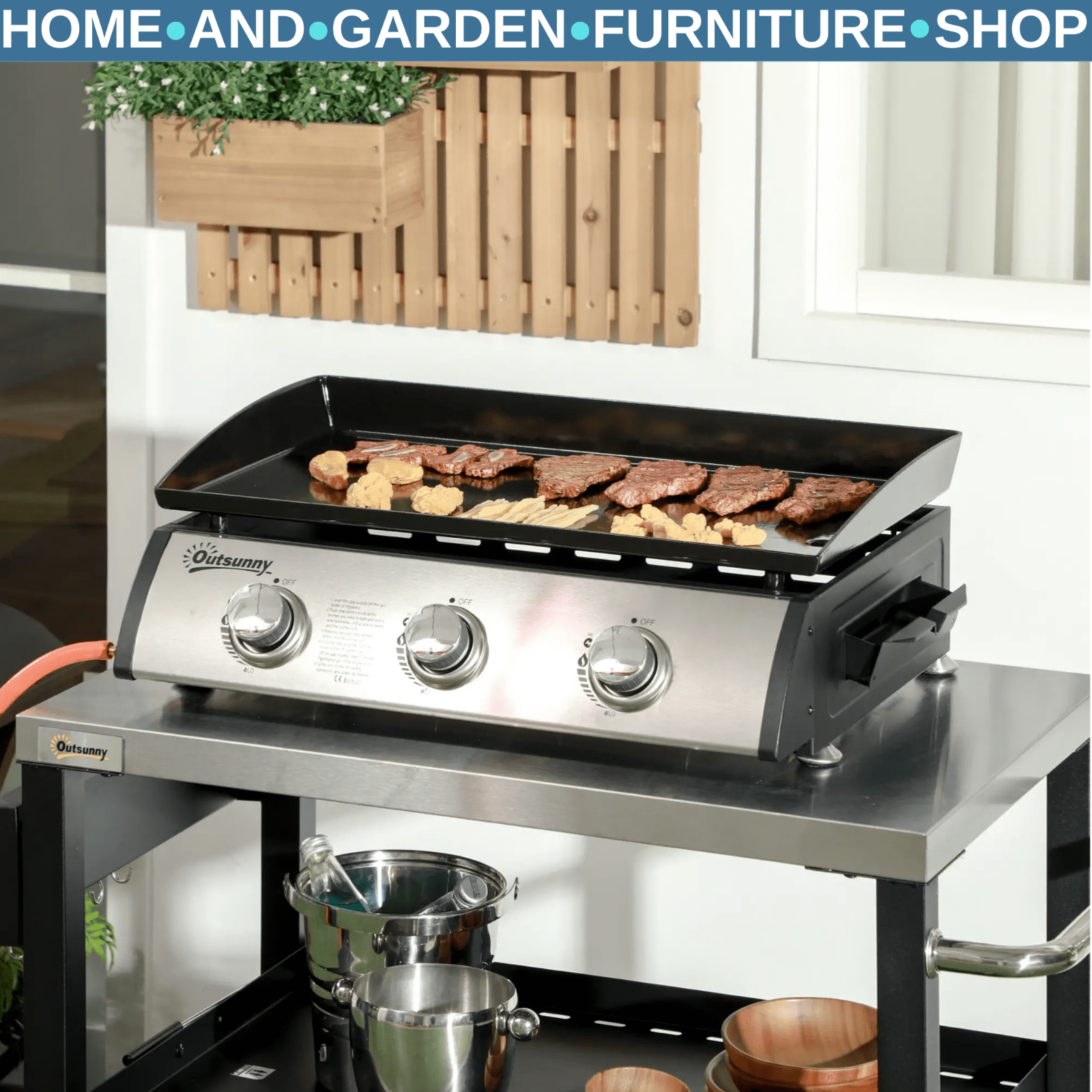 Portable 10000 BTU 3 Burner Gas Plancha BBQ Grill with Lid, Non - Stick Griddle - Home and Garden Furniture Shop - rustic - furniture