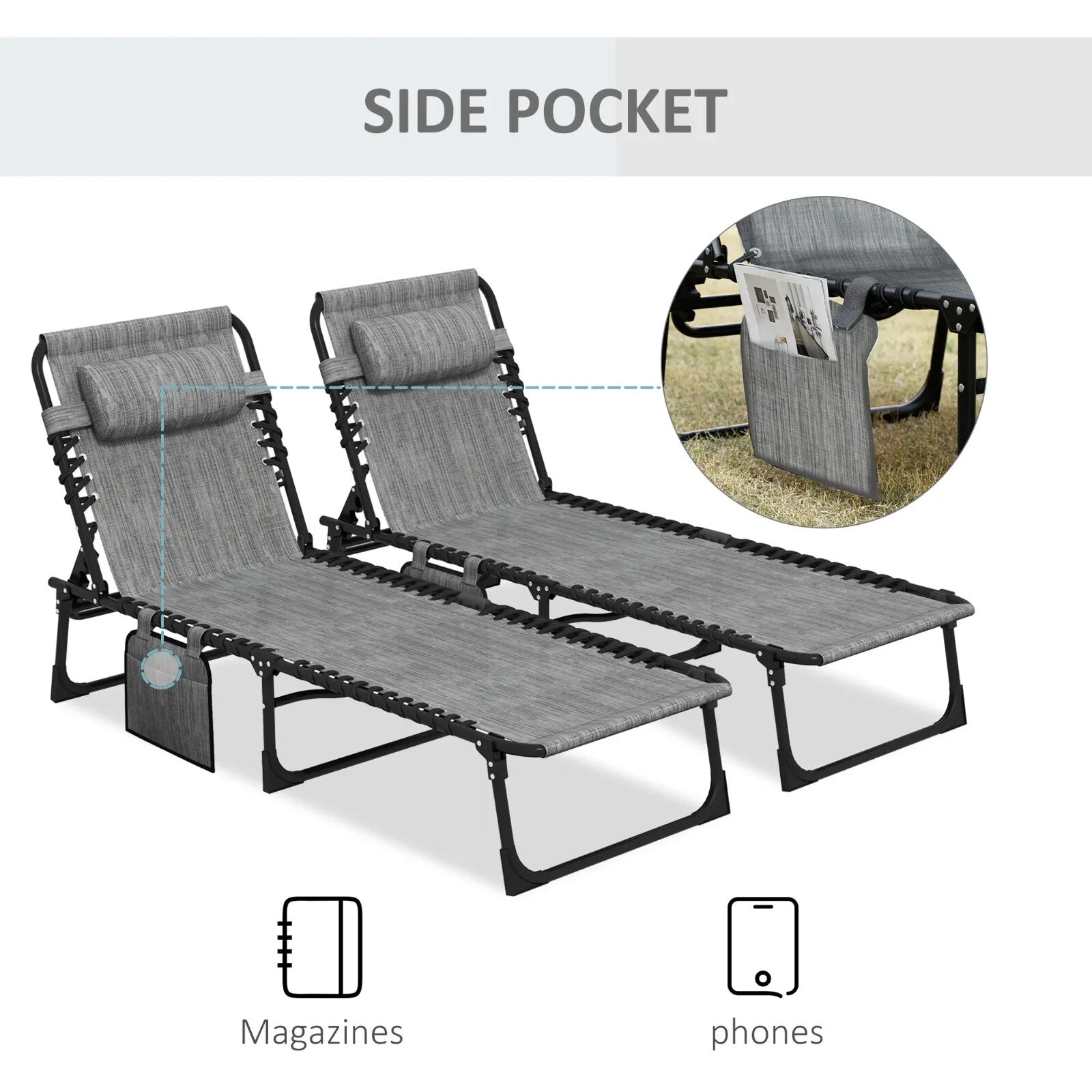 Portable Sun Lounger Set of 2 Folding Beds w/ 5 Position Adjustable Backrest - Home and Garden Furniture Shop - rustic - furniture