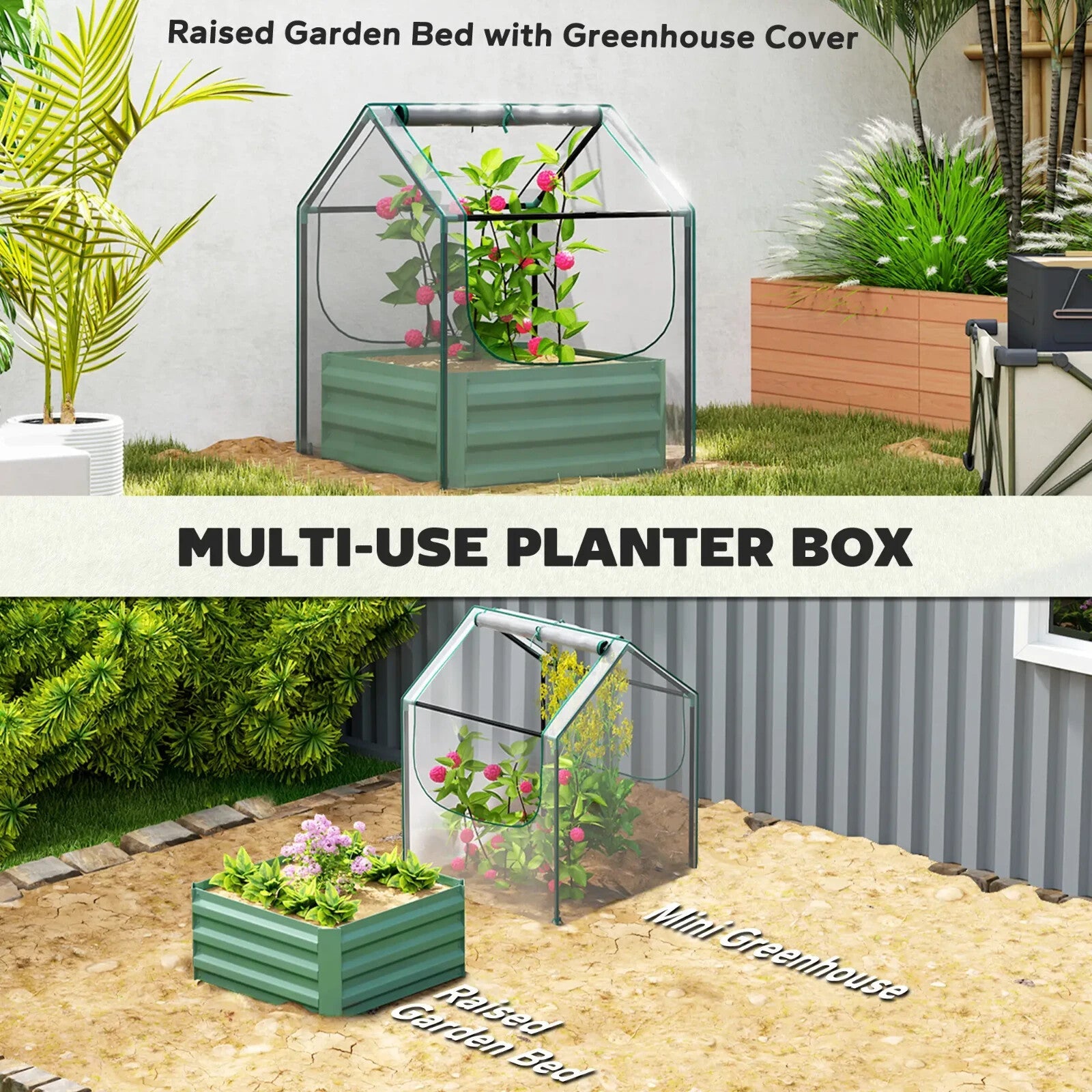 Raised Bed Planter Box Openable Bottom with Cover & 2 - Roll Up Windows Green - Home and Garden Furniture Shop - rustic - furniture