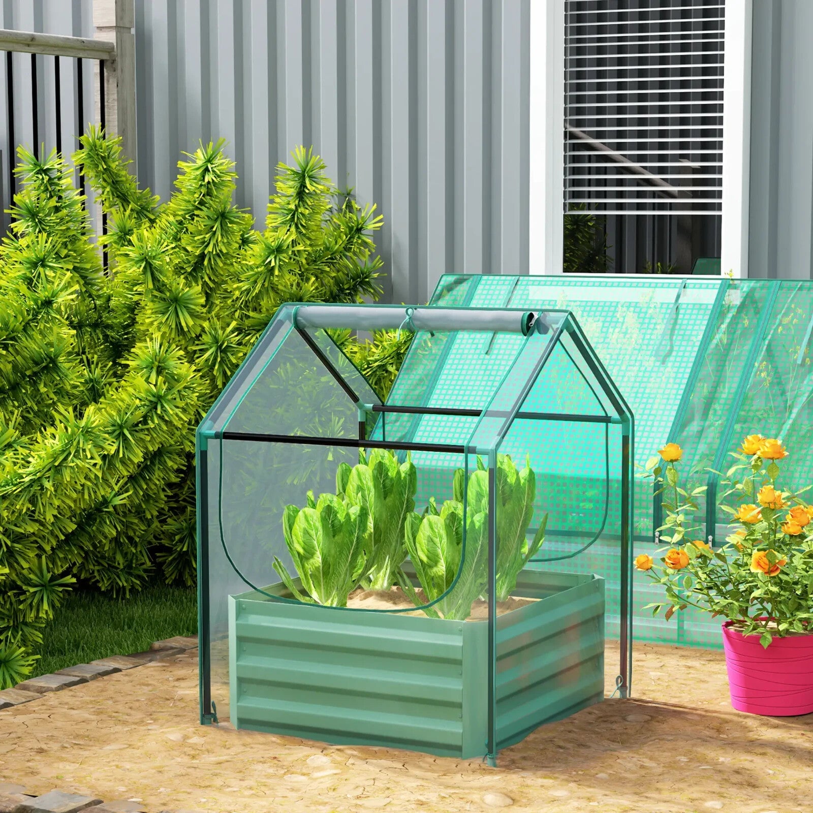 Raised Bed Planter Box Openable Bottom with Cover & 2 - Roll Up Windows Green - Home and Garden Furniture Shop - rustic - furniture