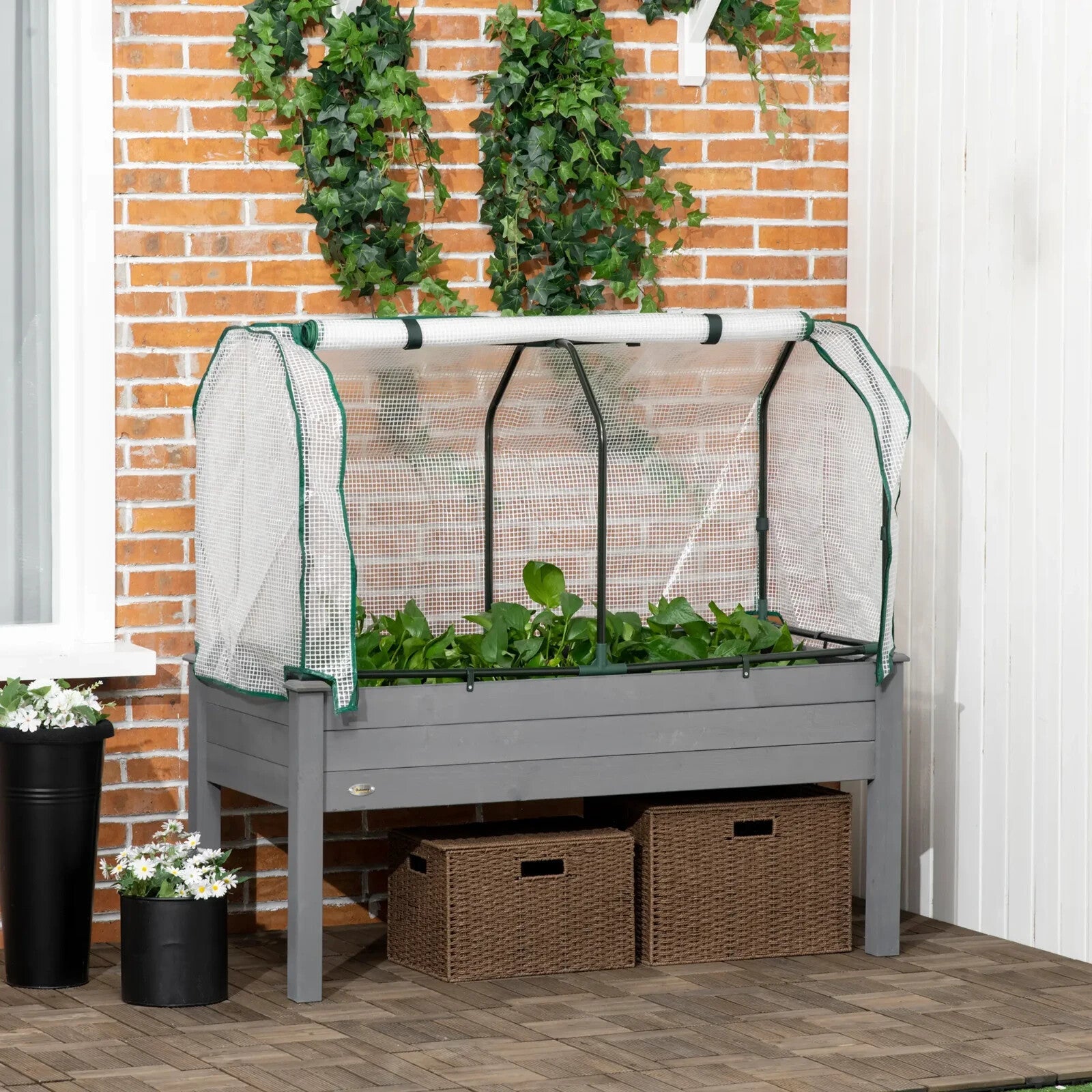 Raised Box Planter Bed PE Cover UV Resistant with Roll - Up Zipper Door Dark Grey - Home and Garden Furniture Shop - rustic - furniture