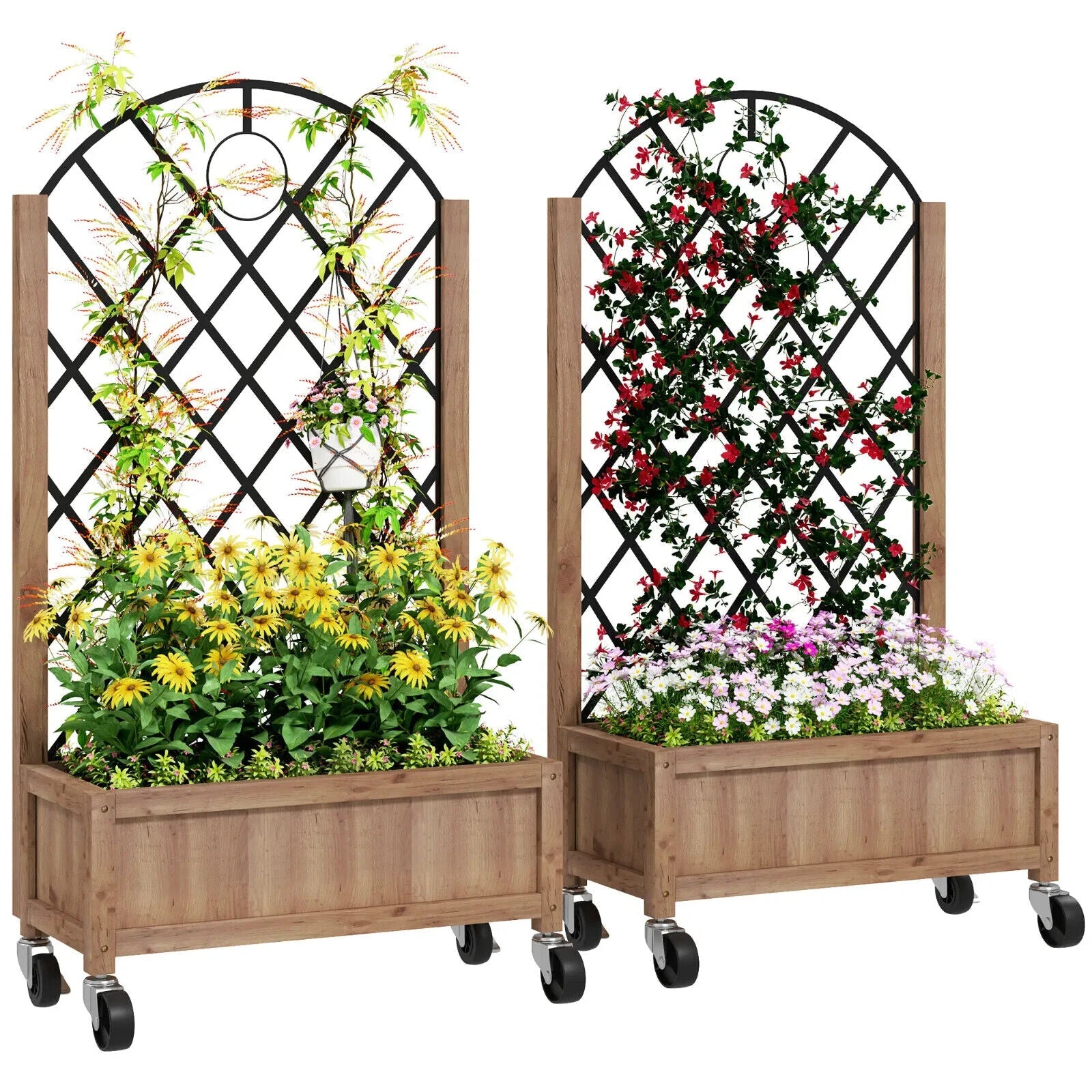 Raised Garden Bed Pack of 2 with Metal Trellis Wooden Planter Box Wheel Drainage - Home and Garden Furniture Shop - #rustic - furniture#