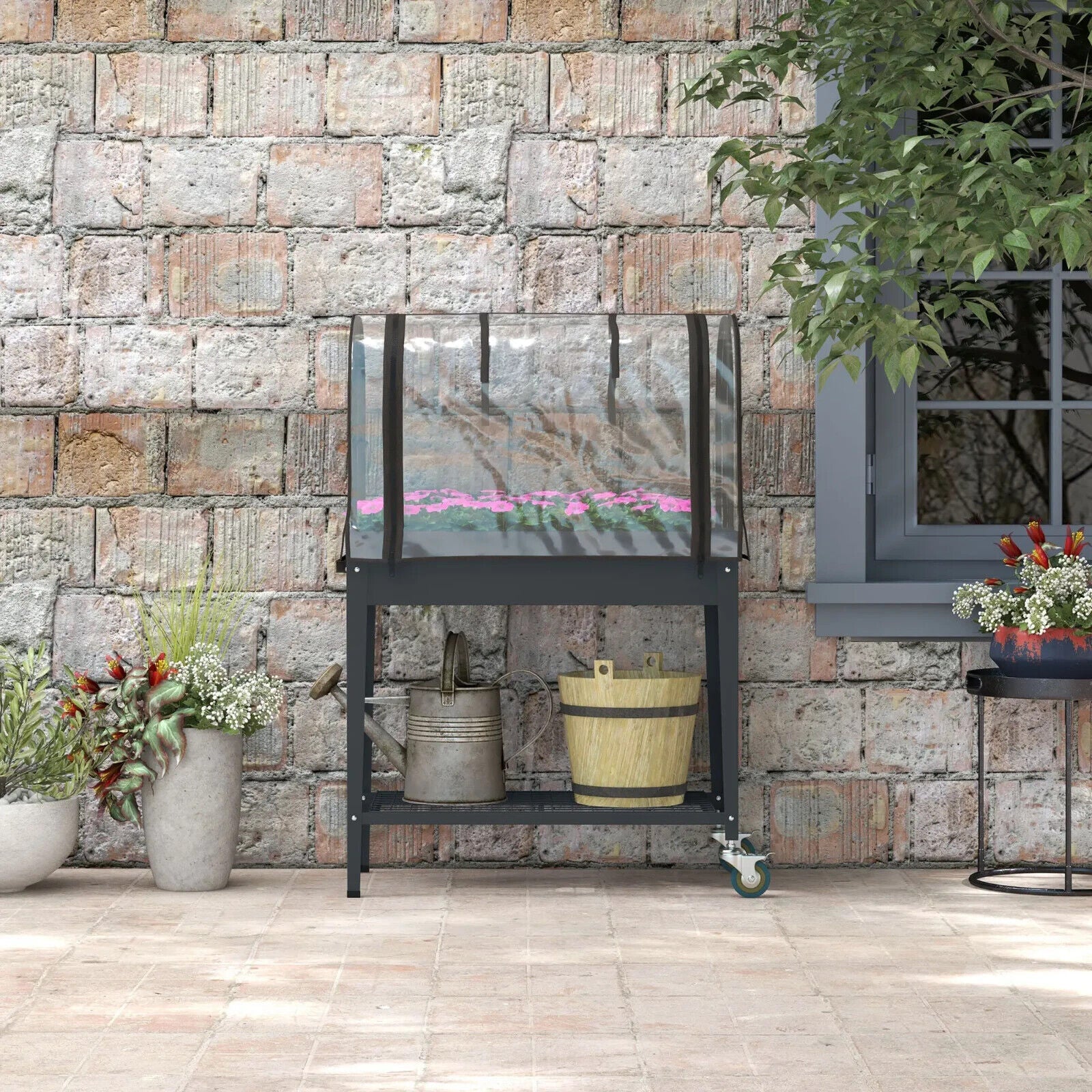 Raised Planter with Greenhouse Cover Mobile Garden Bed w/ Wheels & Bottom Shelf - Home and Garden Furniture Shop - #rustic - furniture#