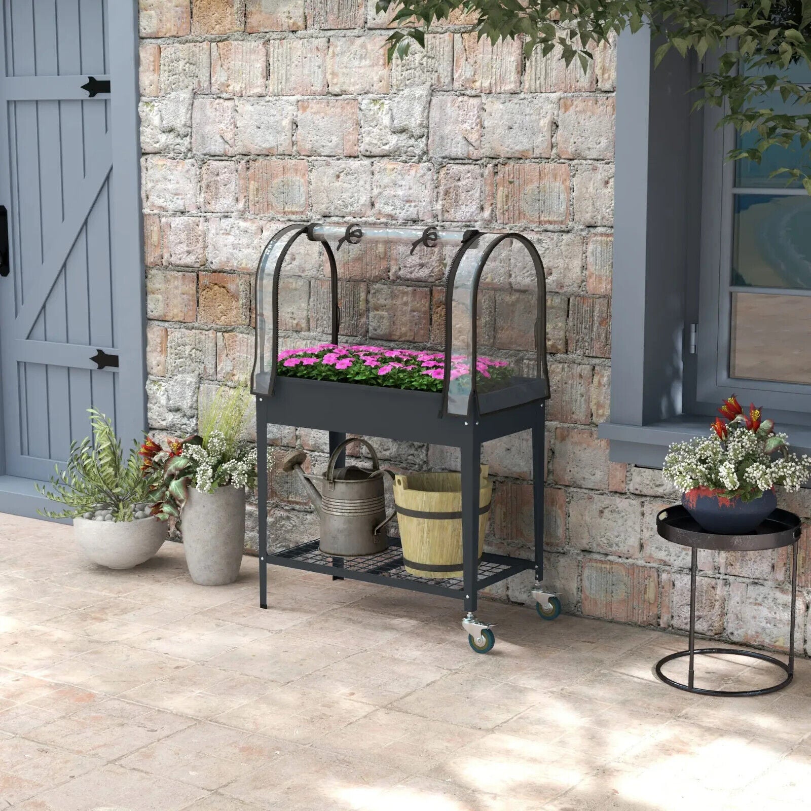 Raised Planter with Greenhouse Cover Mobile Garden Bed w/ Wheels & Bottom Shelf - Home and Garden Furniture Shop - #rustic - furniture#
