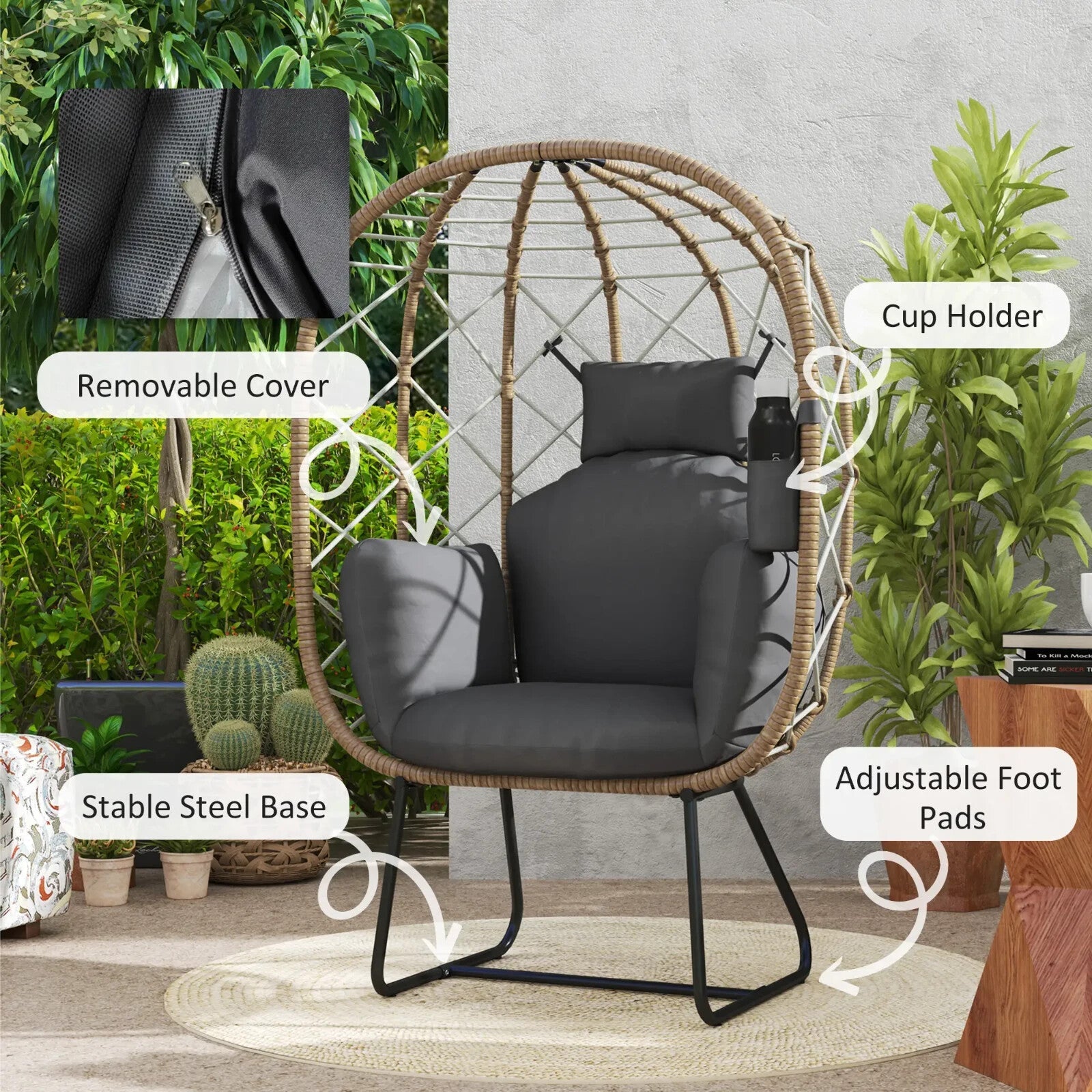 Rattan Egg Chair Outdoor Indoor Wicker Chair with Cushion Headrest Garden Seat - Home and Garden Furniture Shop - rustic - furniture