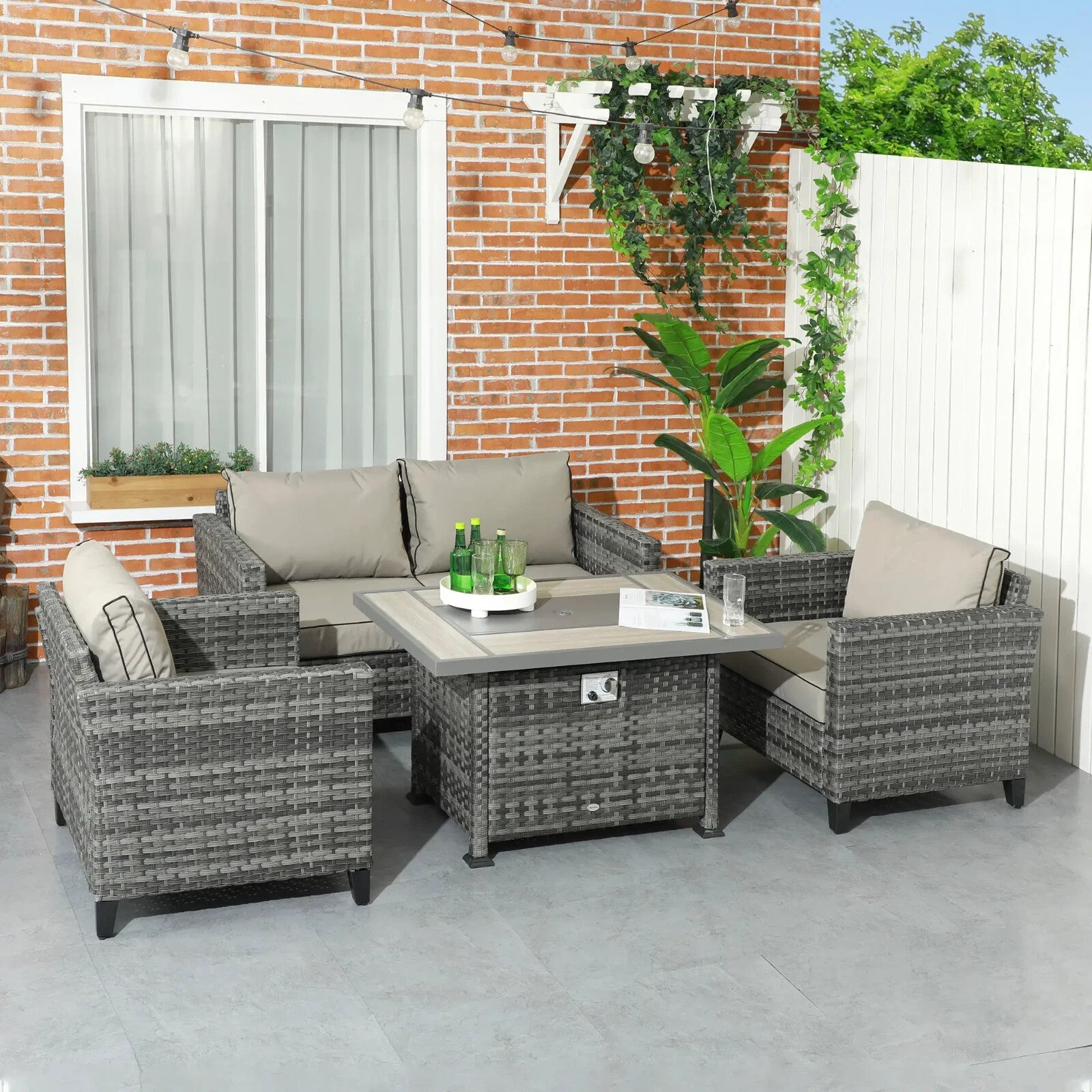Rattan Garden Furniture Set Patio Sofa Outdoor Gas Fire Pit Table Cushions Grey - Home and Garden Furniture Shop - rustic - furniture