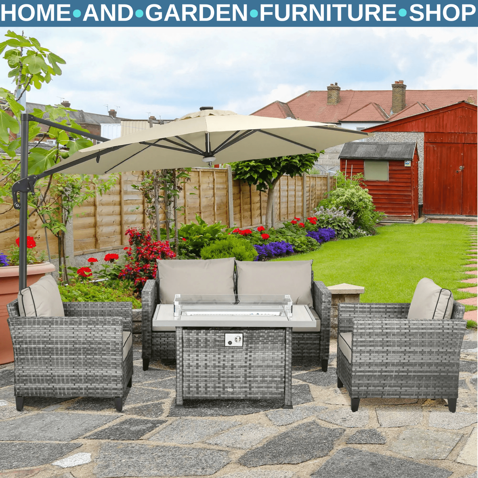 Rattan Garden Furniture Set Patio Sofa Outdoor Gas Fire Pit Table Cushions Grey - Home and Garden Furniture Shop - rustic - furniture