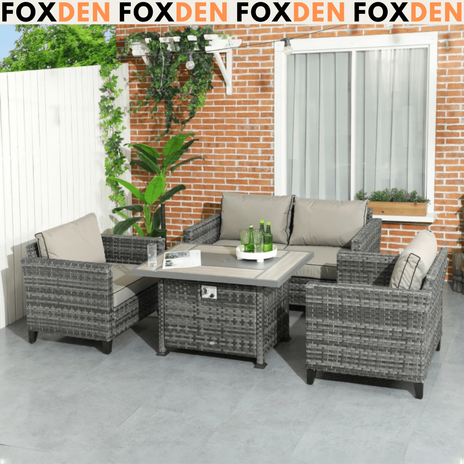 Rattan Garden Furniture Set Patio Sofa Outdoor Gas Fire Pit Table Cushions Grey - Home and Garden Furniture Shop - #rustic - furniture#