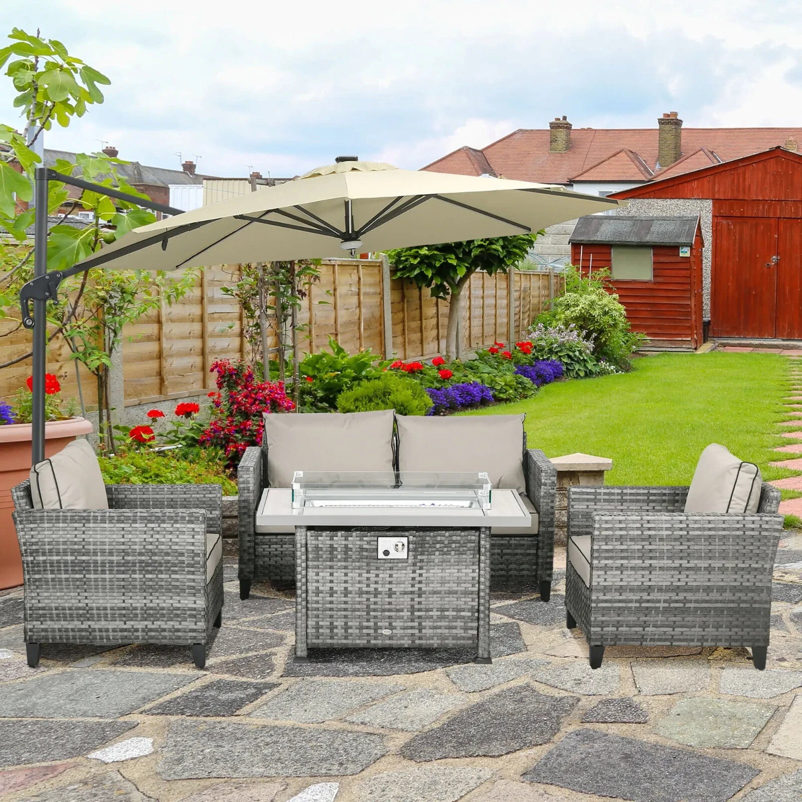 Rattan Garden Furniture Set Patio Sofa Outdoor Gas Fire Pit Table Cushions Grey - Home and Garden Furniture Shop - rustic - furniture
