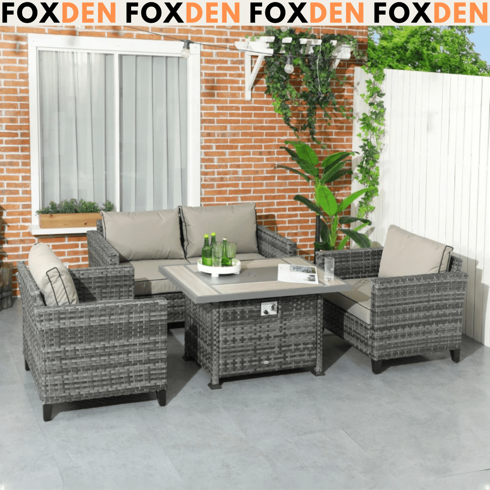 Rattan Garden Furniture Set Patio Sofa Outdoor Gas Fire Pit Table Cushions Grey - Home and Garden Furniture Shop - #rustic - furniture#