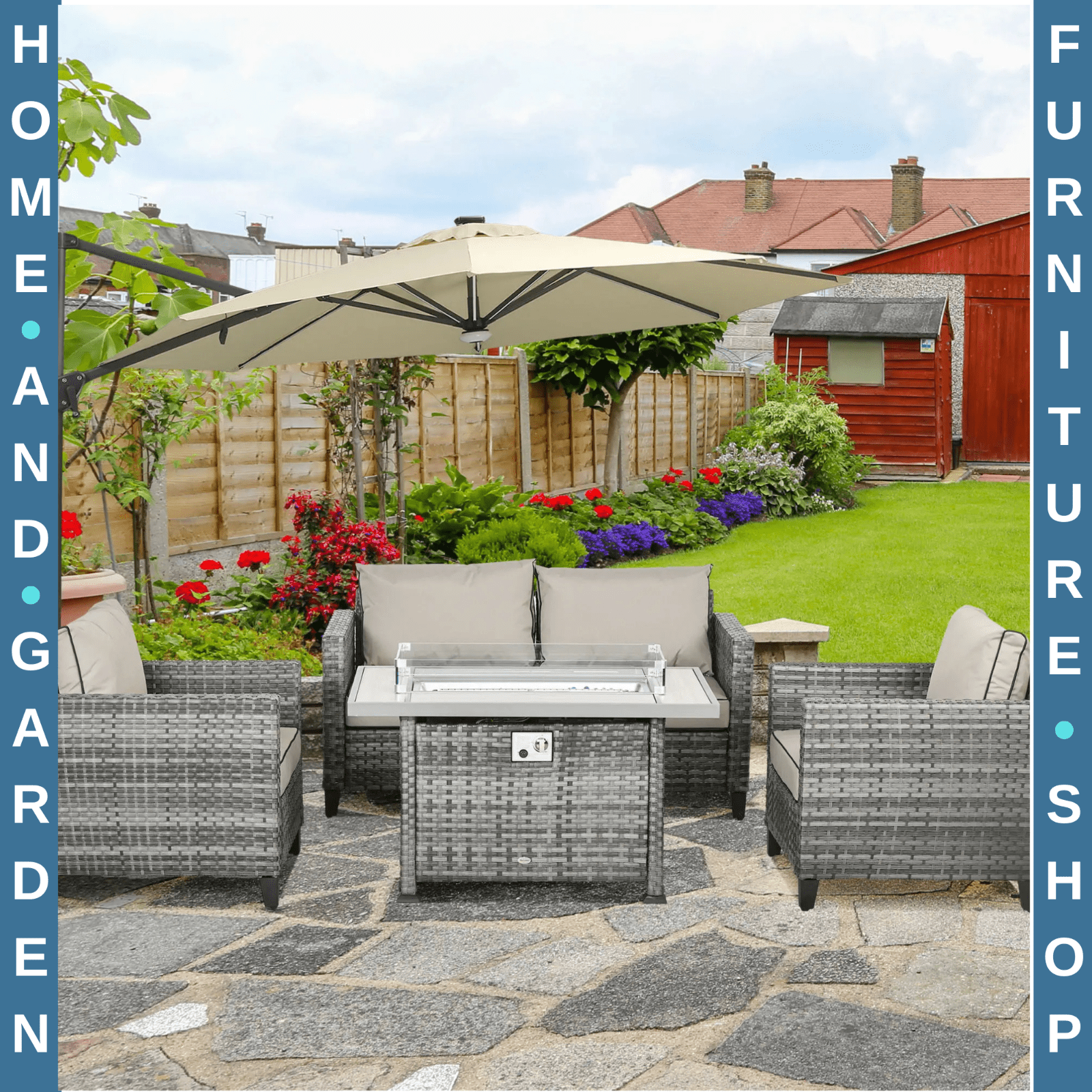 Rattan Garden Furniture Set Patio Sofa Outdoor Gas Fire Pit Table Cushions Grey - Home and Garden Furniture Shop - rustic - furniture
