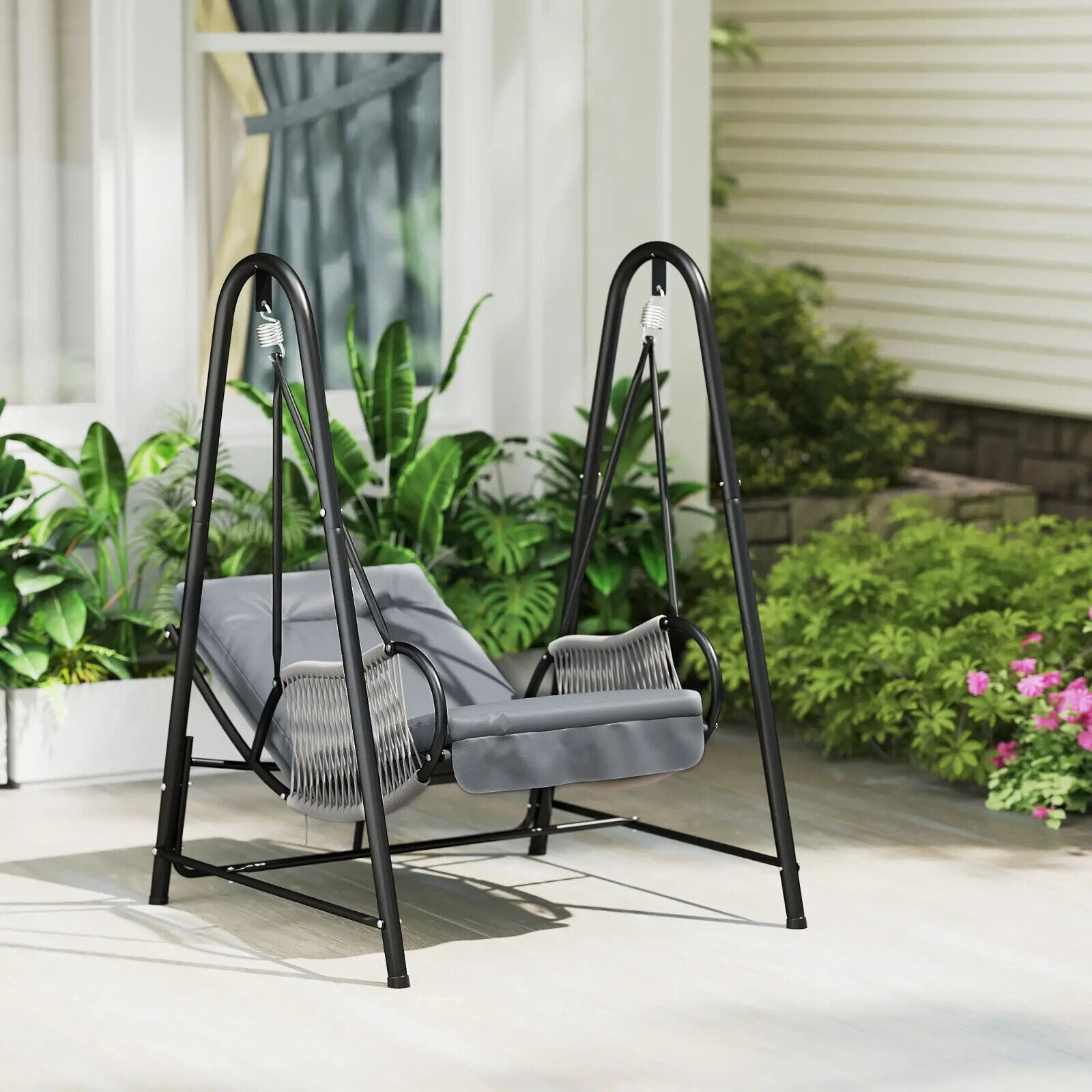 Rattan Hanging Swing Chair with Stand Garden Outdoor Seat & Cushion Light Grey - Home and Garden Furniture Shop - #rustic - furniture#