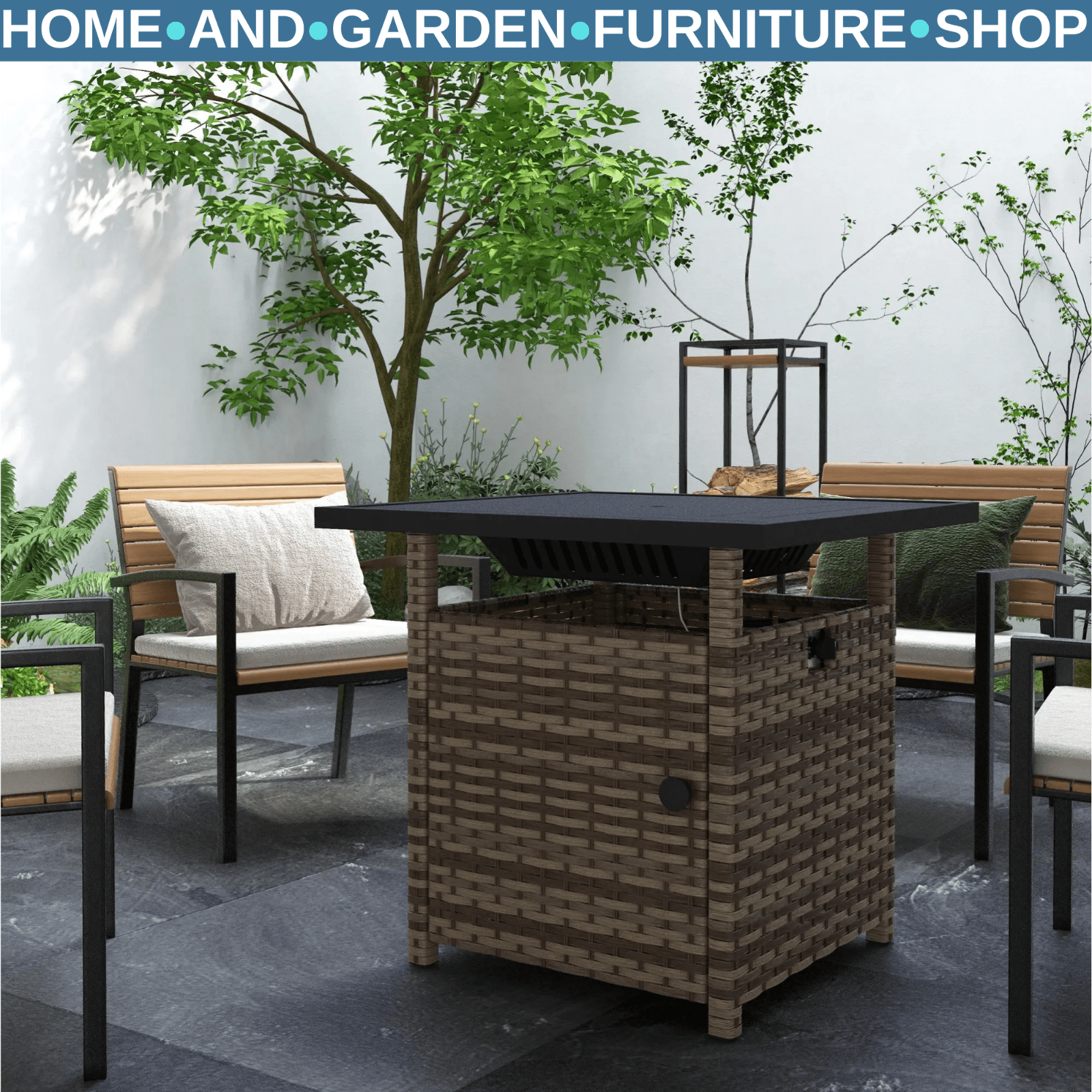 Rattan Propane Fire Pit Table Outdoor Garden Heater 50000 BTU with Lid and Stone - Home and Garden Furniture Shop - rustic - furniture