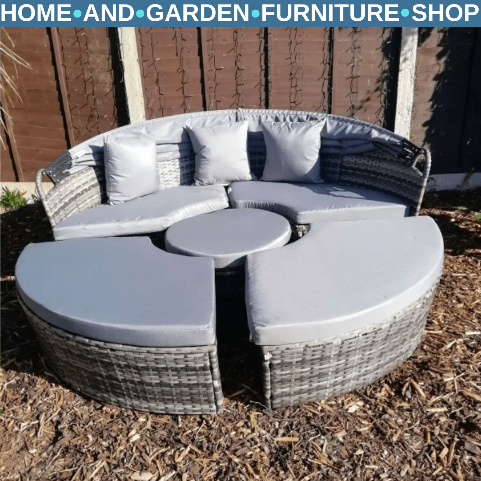 Rattan Round Garden Sofa Bed Set with Cushions and Coffee Table – Grey Wicker - Home and Garden Furniture Shop - rustic - furniture