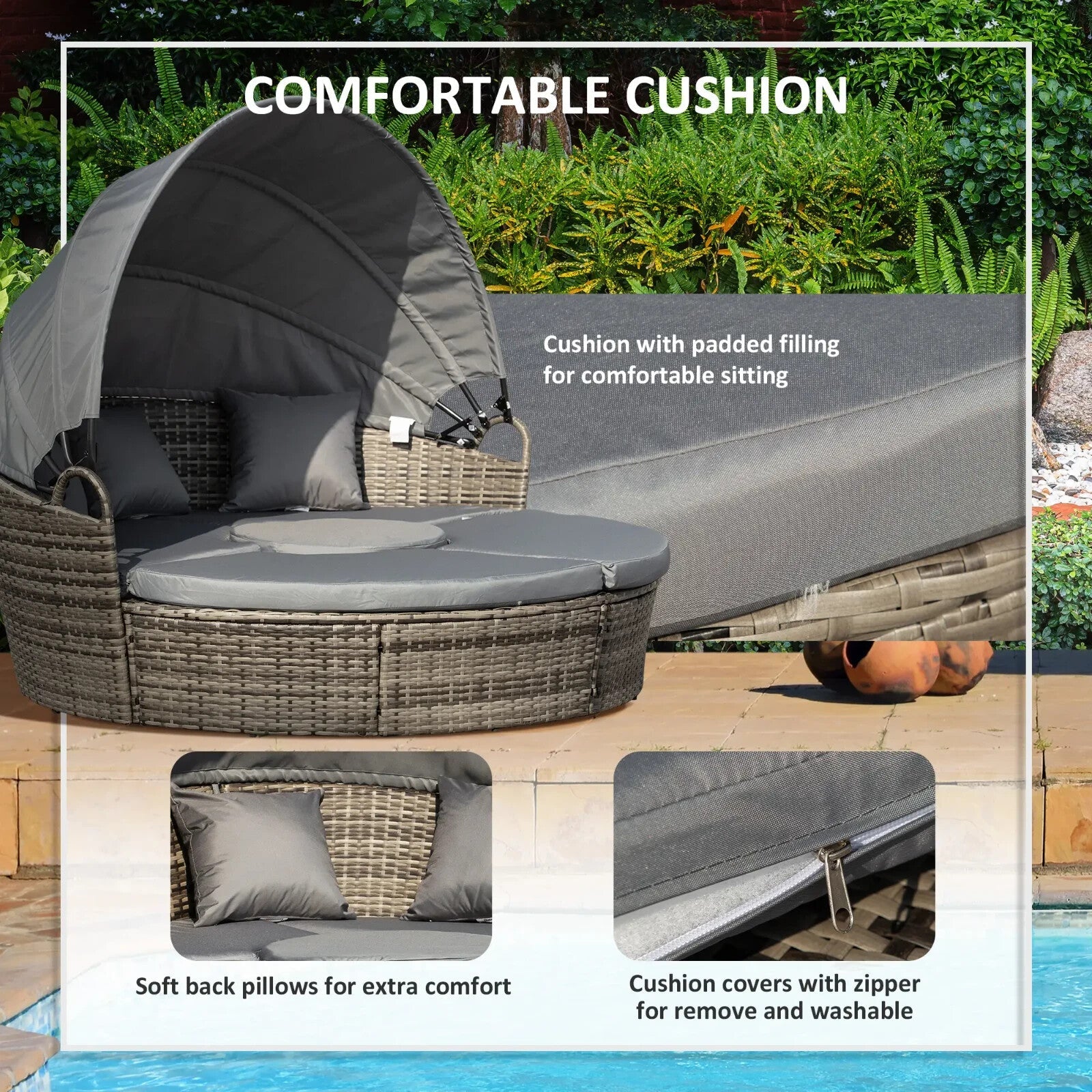 Rattan Round Garden Sofa Bed Set with Cushions and Coffee Table – Grey Wicker - Home and Garden Furniture Shop - rustic - furniture