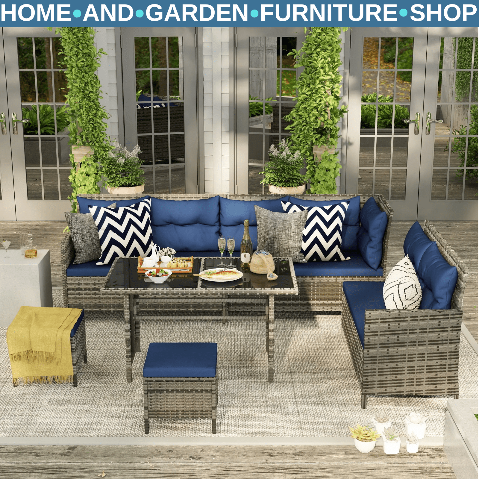 Rattan Sofa Set 8 Seater Patio Wicker Chair Garden Furniture Glass Table Cushion - Home and Garden Furniture Shop - rustic - furniture