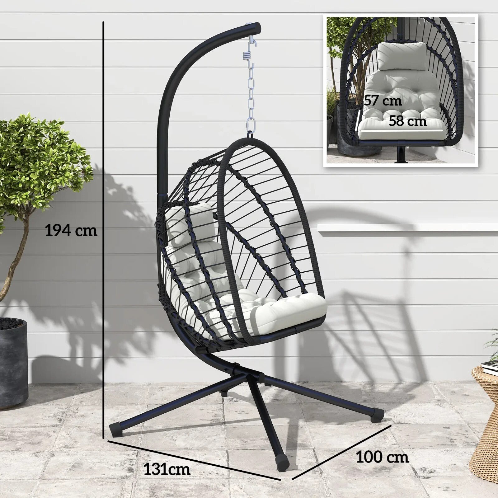 Rattan Swing Chair with Cushion Foldable Basket Hanging Egg Chair W/ Metal Stand - Home and Garden Furniture Shop - rustic - furniture