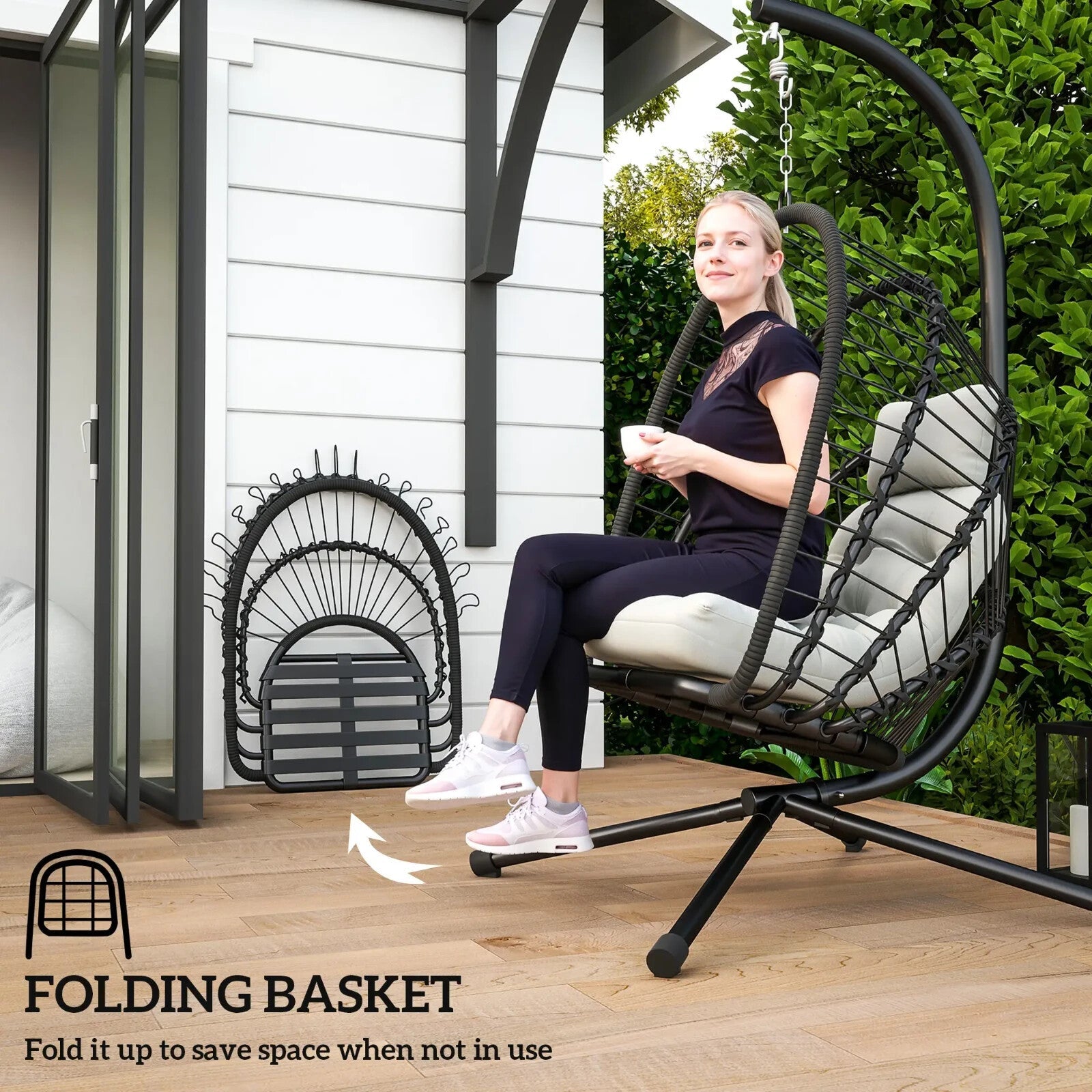 Rattan Swing Chair with Cushion Foldable Basket Hanging Egg Chair W/ Metal Stand - Home and Garden Furniture Shop - rustic - furniture