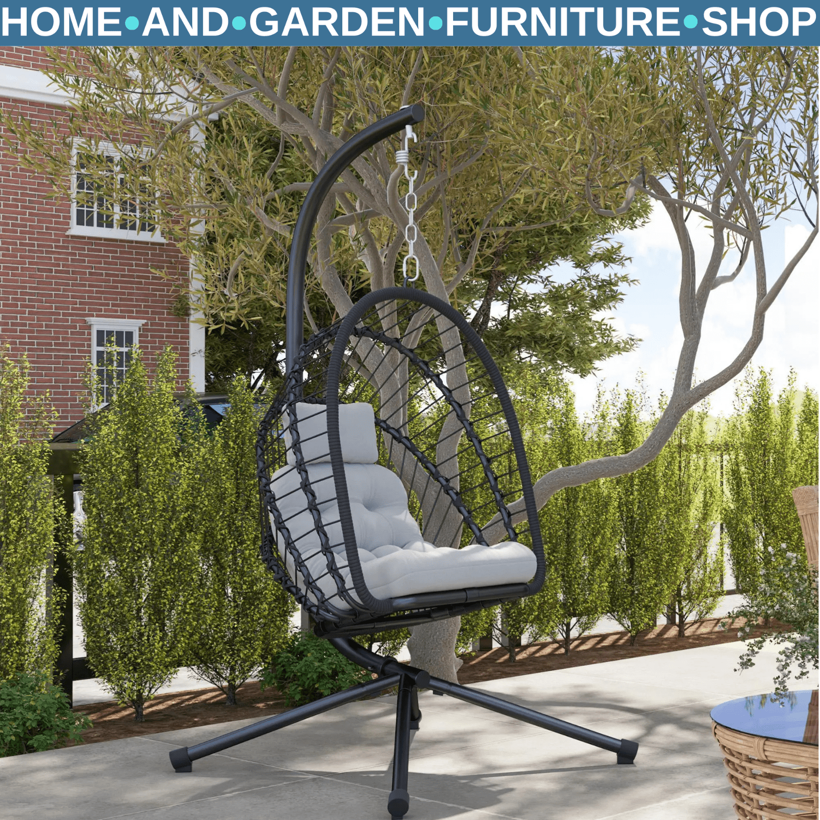 Rattan Swing Chair with Cushion Foldable Basket Hanging Egg Chair W/ Metal Stand - Home and Garden Furniture Shop - rustic - furniture