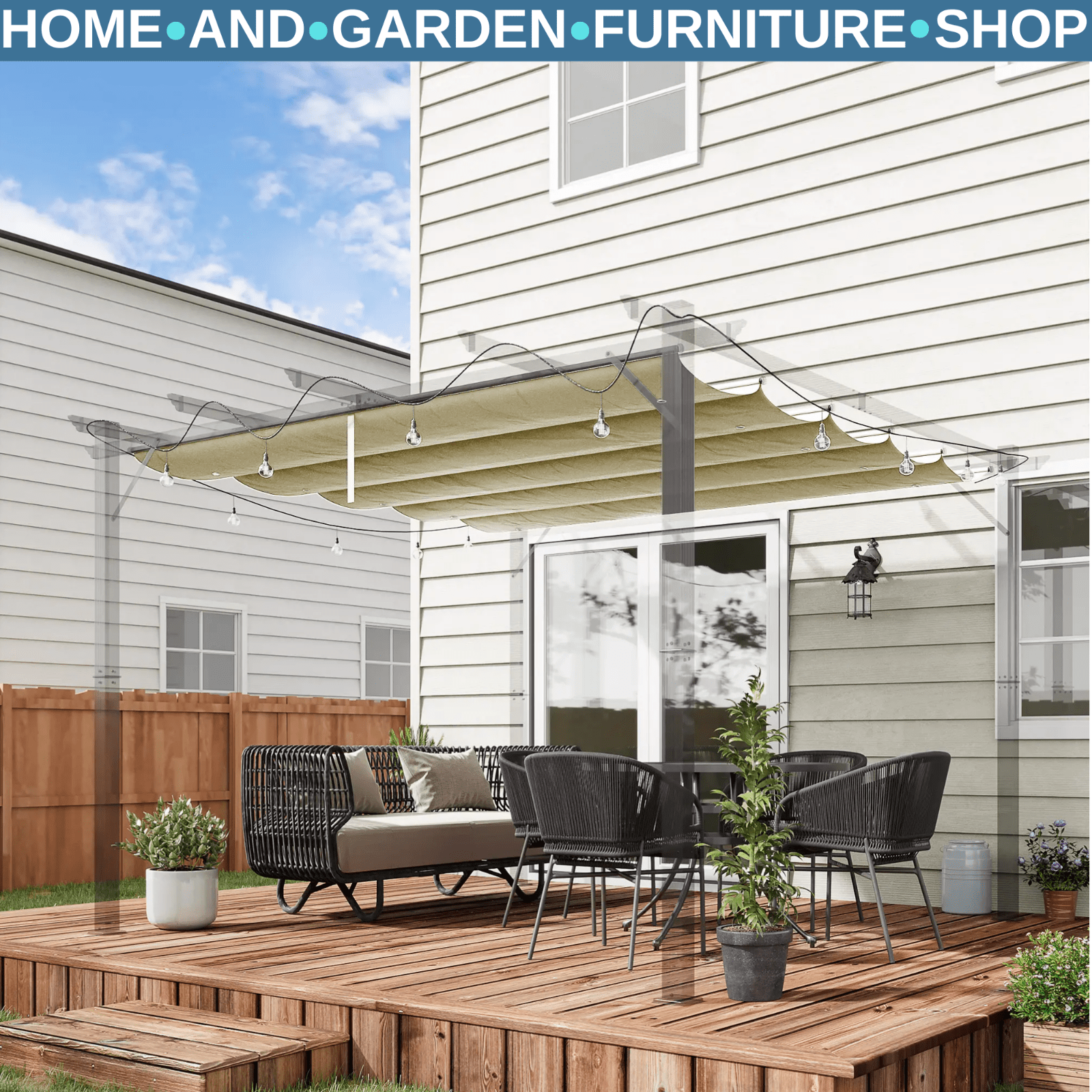 Retractable Pergola Canopy Replacement Roof Sun Shelter Water Resistant Beige - Home and Garden Furniture Shop - rustic - furniture