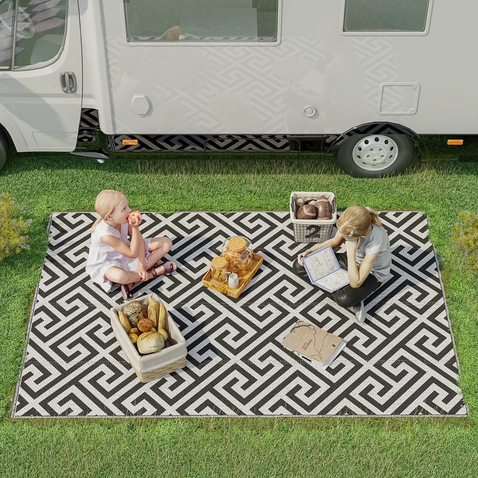 Reversible Mat Rug Durable Space - Saving Foldable Design Camping Black/White - Home and Garden Furniture Shop - rustic - furniture