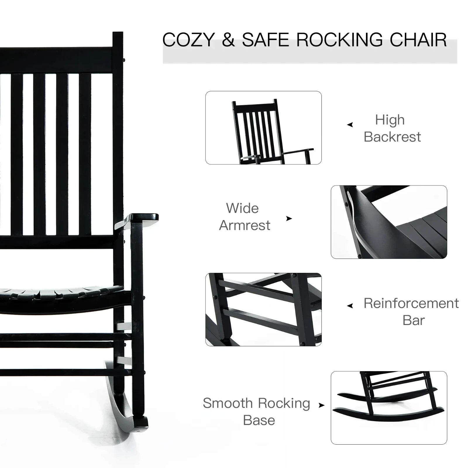Rocking Chair UV Resistant with Slatted Backrest, Armrests & Wide Seat Black - Home and Garden Furniture Shop - rustic - furniture