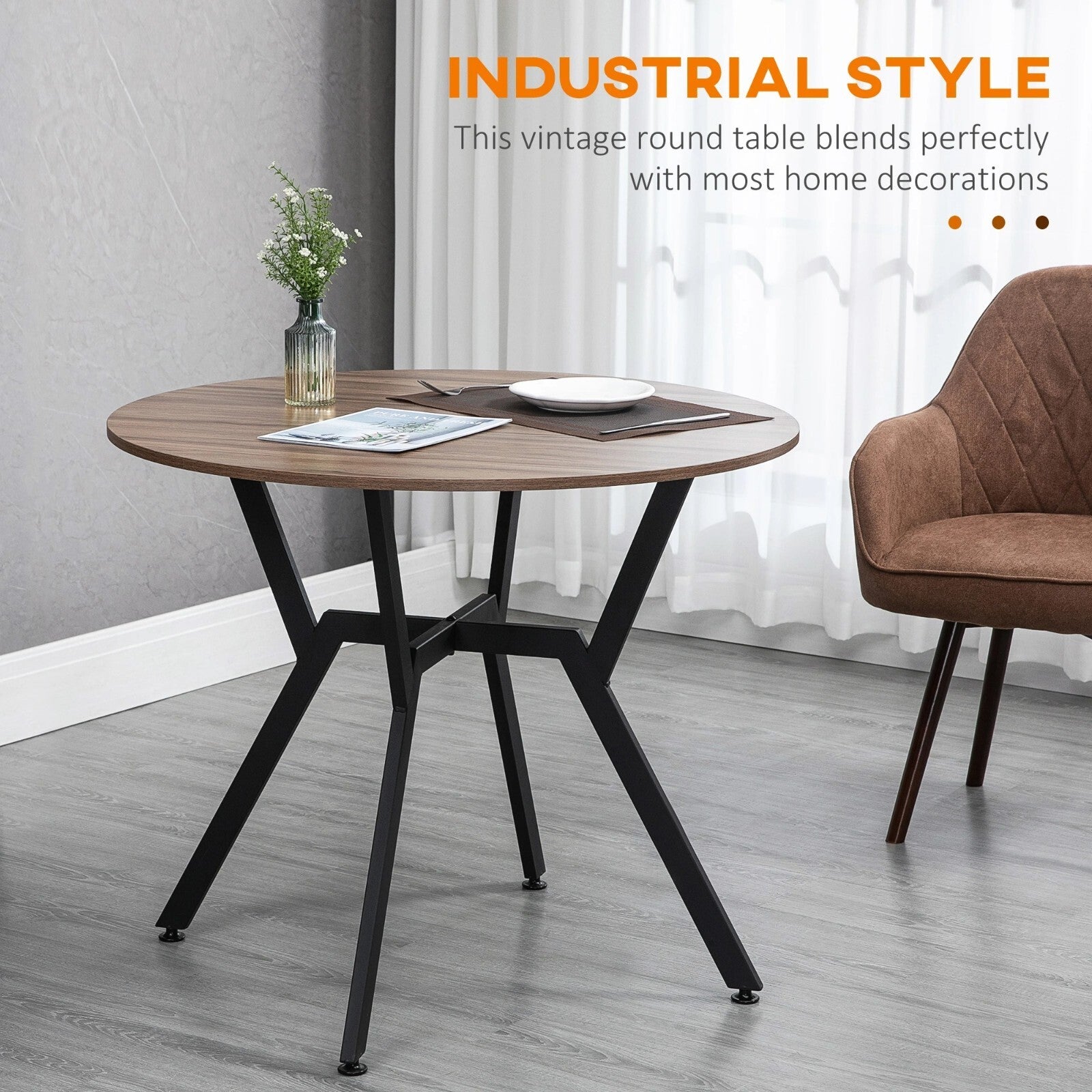 Round Industrial Dining Table Black Metal Legs Kitchen Table Dining Room Brown - Home and Garden Furniture Shop - rustic - furniture