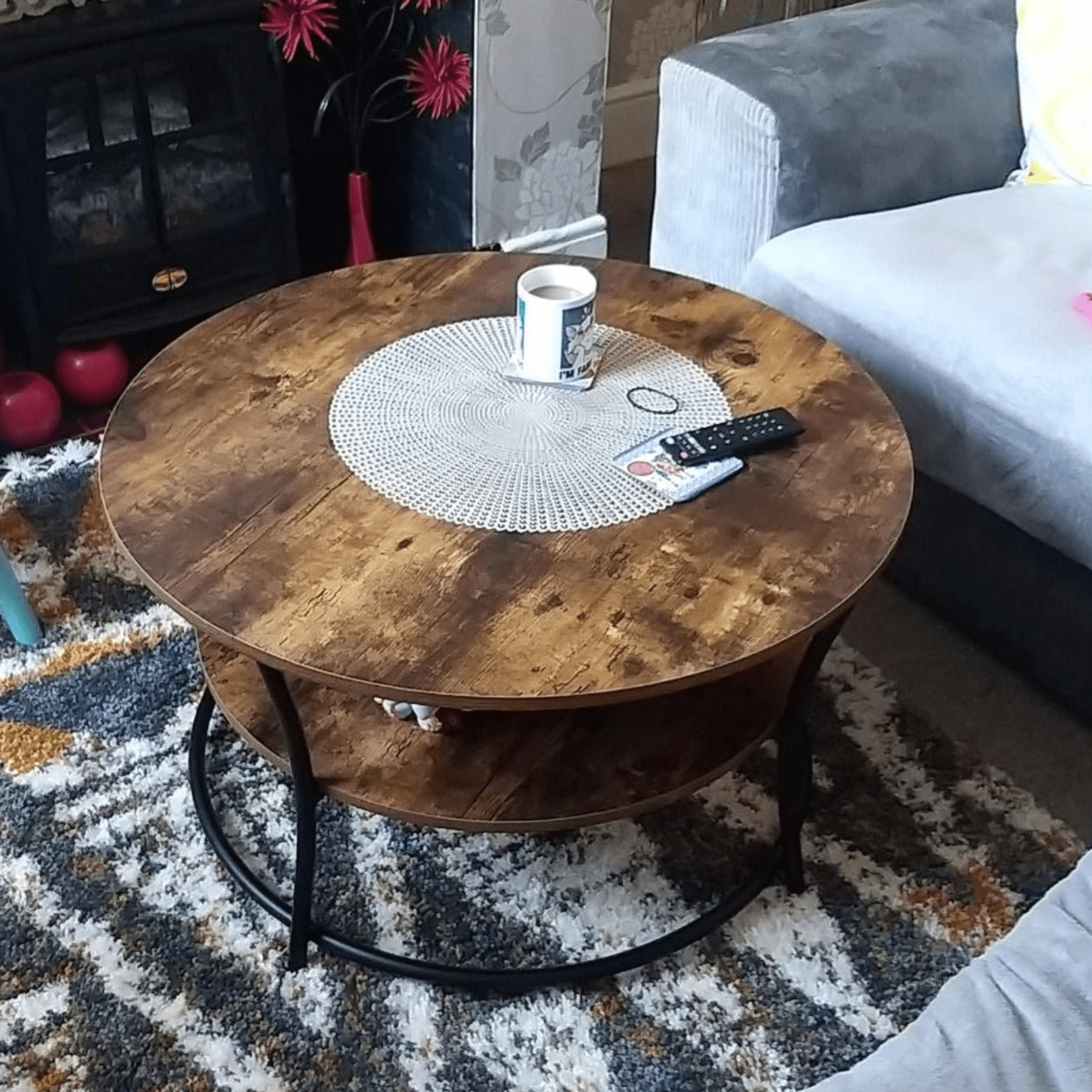 Round Industrial Living Room Coffee Table Rustic End Side Table 2 Storage Shelf - Home and Garden Furniture Shop - rustic - furniture
