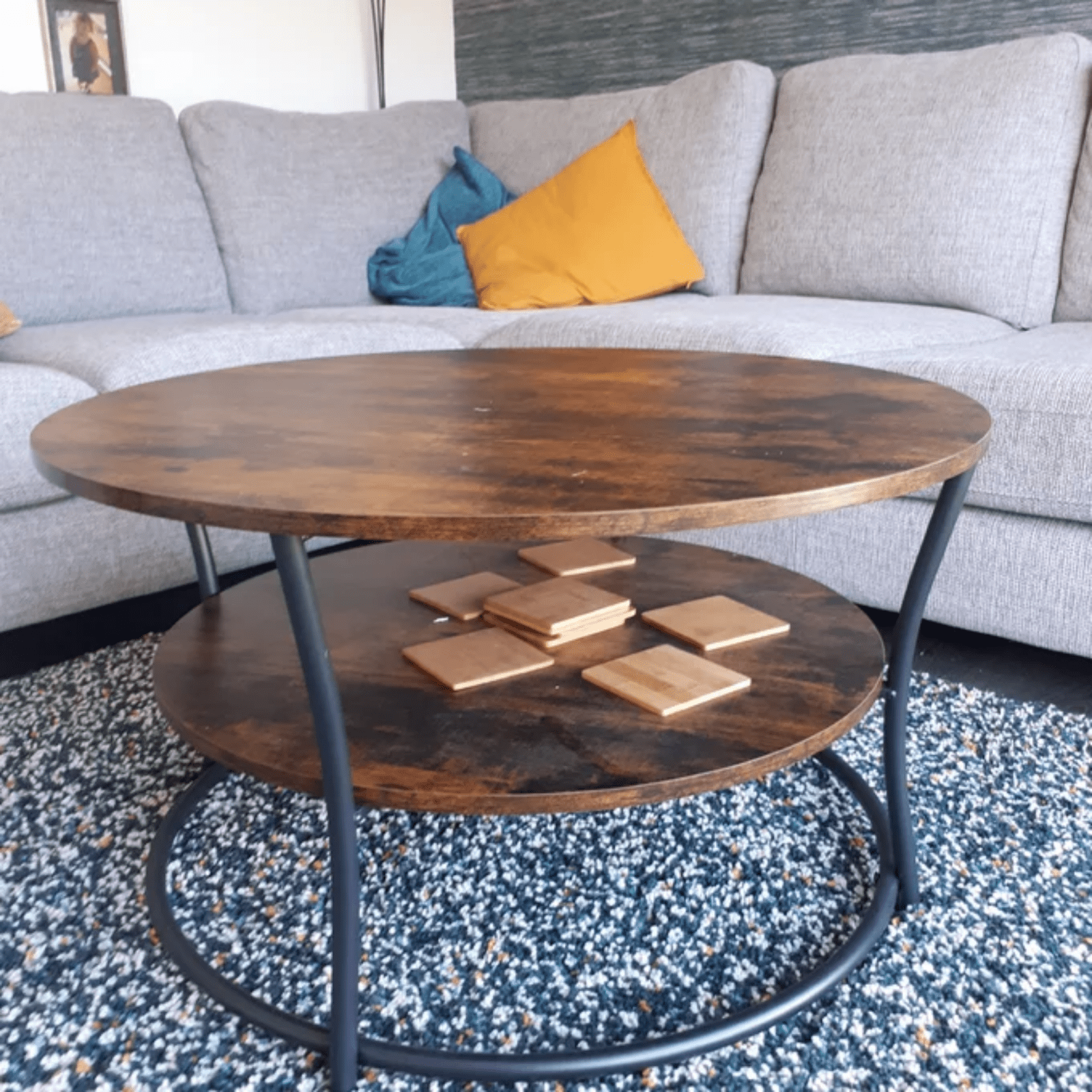 Round Industrial Living Room Coffee Table Rustic End Side Table 2 Storage Shelf - Home and Garden Furniture Shop - rustic - furniture